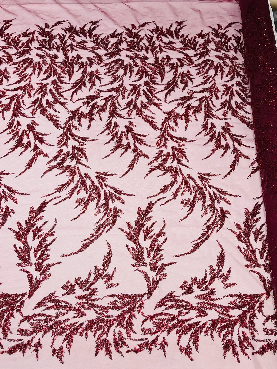 Long Leaf Plant Design Fabric - Burgundy - Beaded Nature Leaf Sequins Design Fabric By Yard