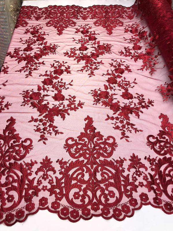 Damask Design Lace Fabric - Burgundy - Embroidered Damask Fancy Beautiful Design Lace Fabric By Yard