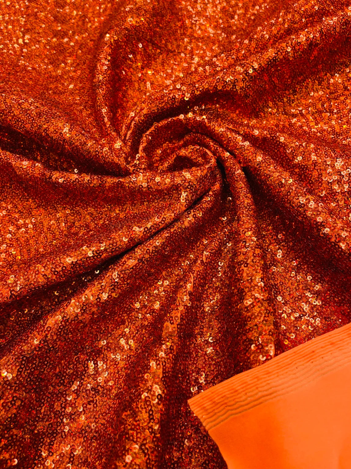 Mini Glitz Sequins on Milliskin - Burnt Orange - 4 Way Stretch Milliskin Stretch Spandex Fabric by Yard