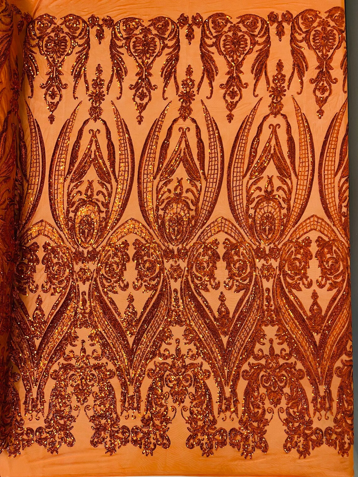 Big Damask 4 Way Sequins - Burnt Orange - Embroidered Damask Design Sequins Fabric Sold By Yard