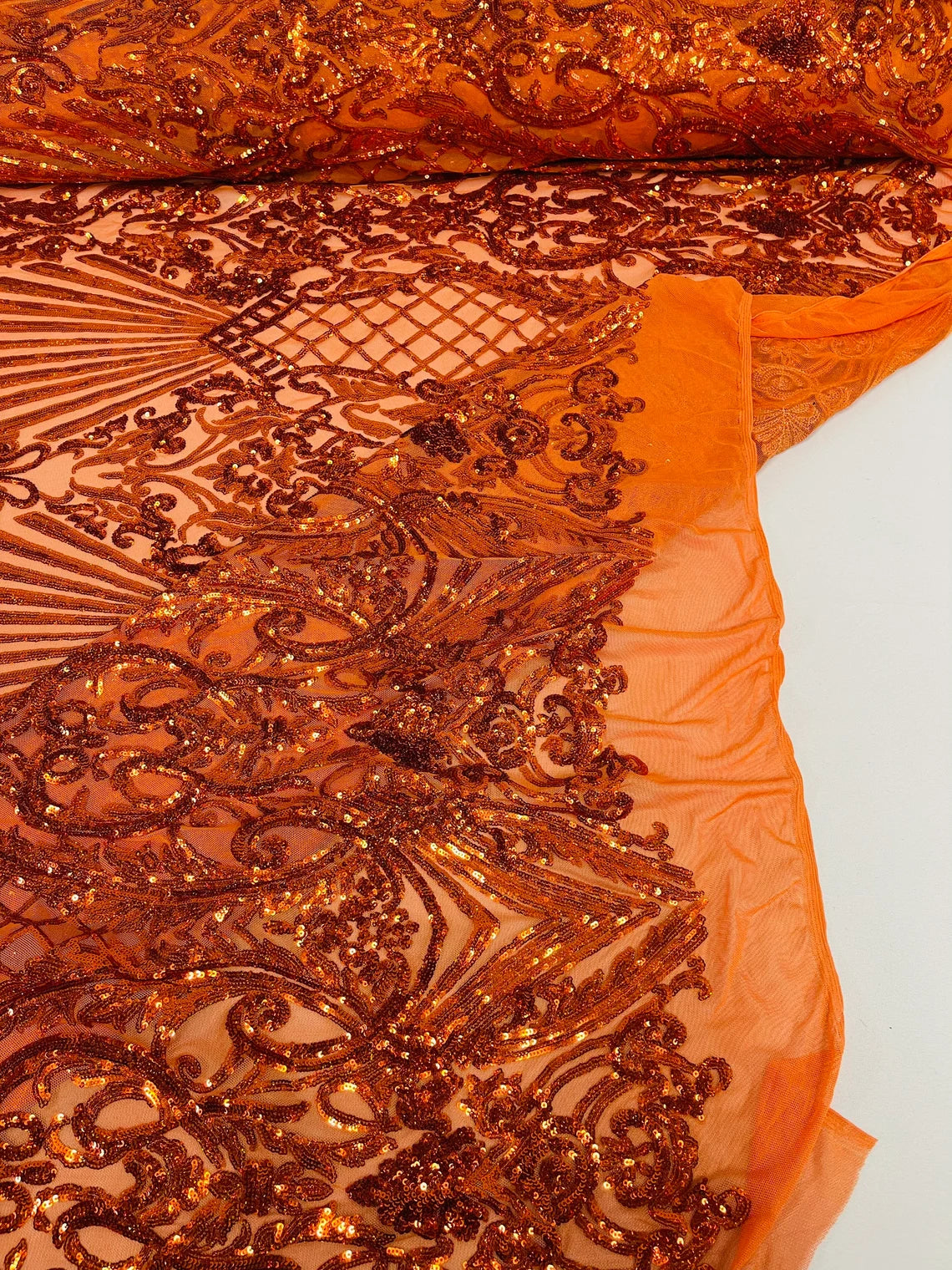 Seashell Geometric Sequins - Burnt Orange - Embroidered Sequins on 4 Way Stretch Lace Mesh Sold By Yard