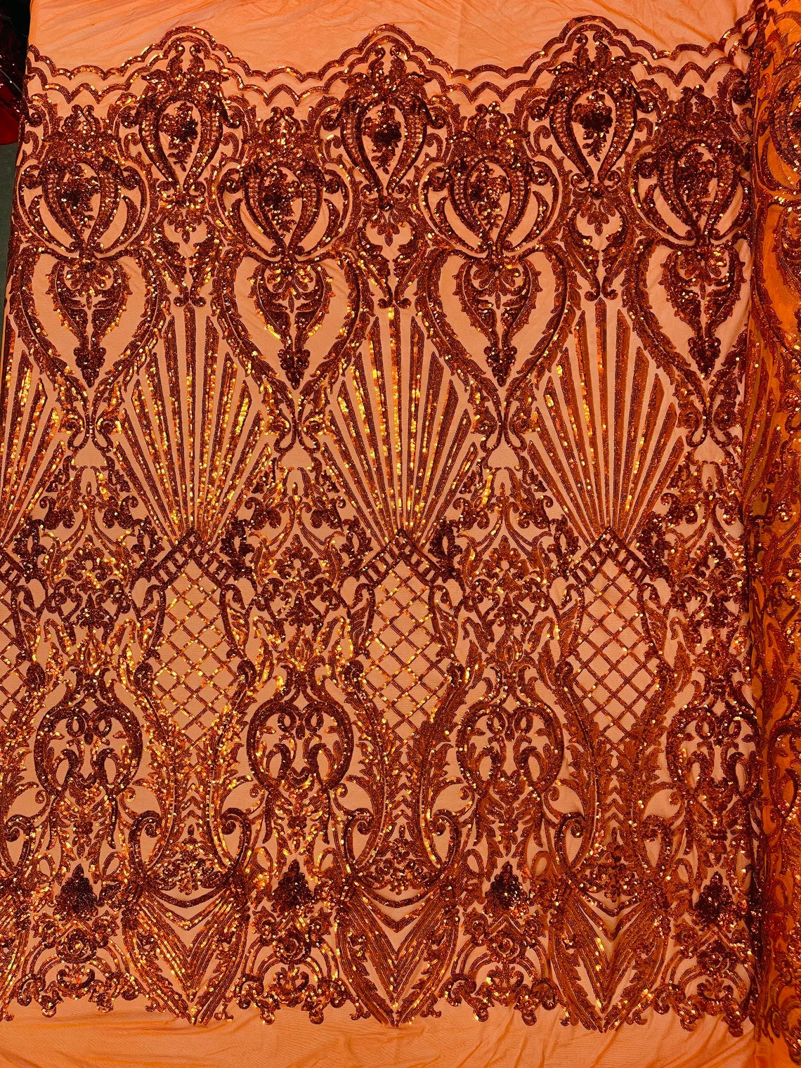 Seashell Geometric Sequins - Burnt Orange - Embroidered Sequins on 4 Way Stretch Lace Mesh Sold By Yard