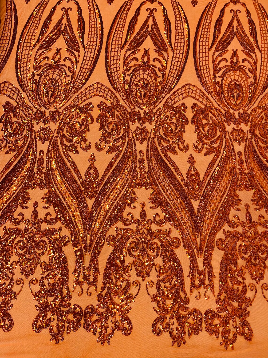 Big Damask 4 Way Sequins - Burnt Orange - Embroidered Damask Design Sequins Fabric Sold By Yard