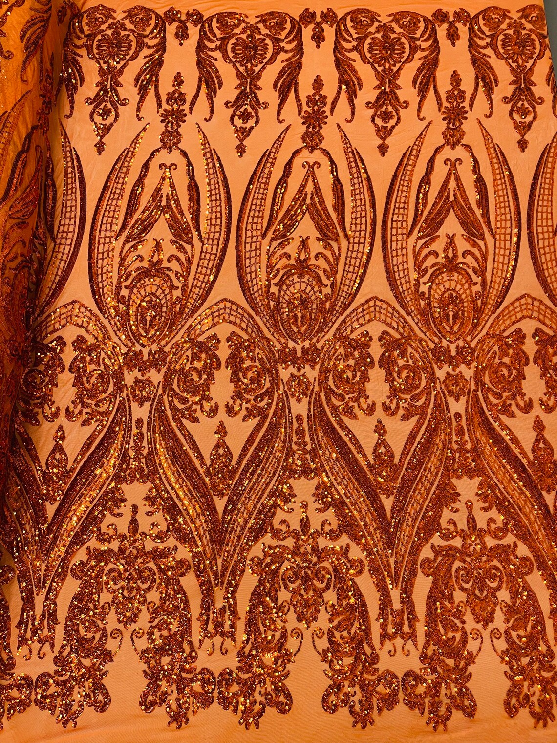 Big Damask 4 Way Sequins - Burnt Orange - Embroidered Damask Design Sequins Fabric Sold By Yard