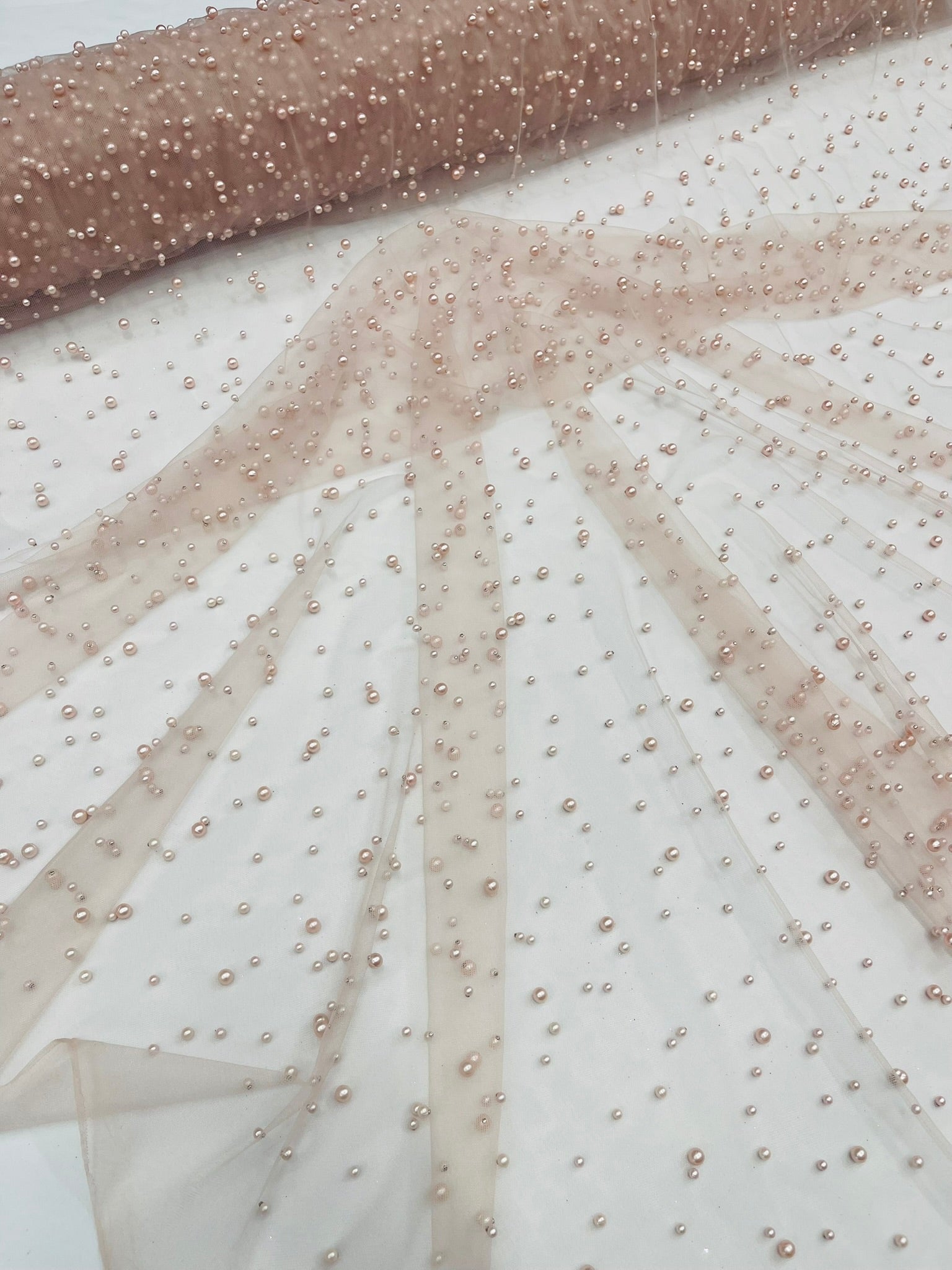 Scattered Pearls Studded Mesh, 2-Way Stretch, Sold by the yard.