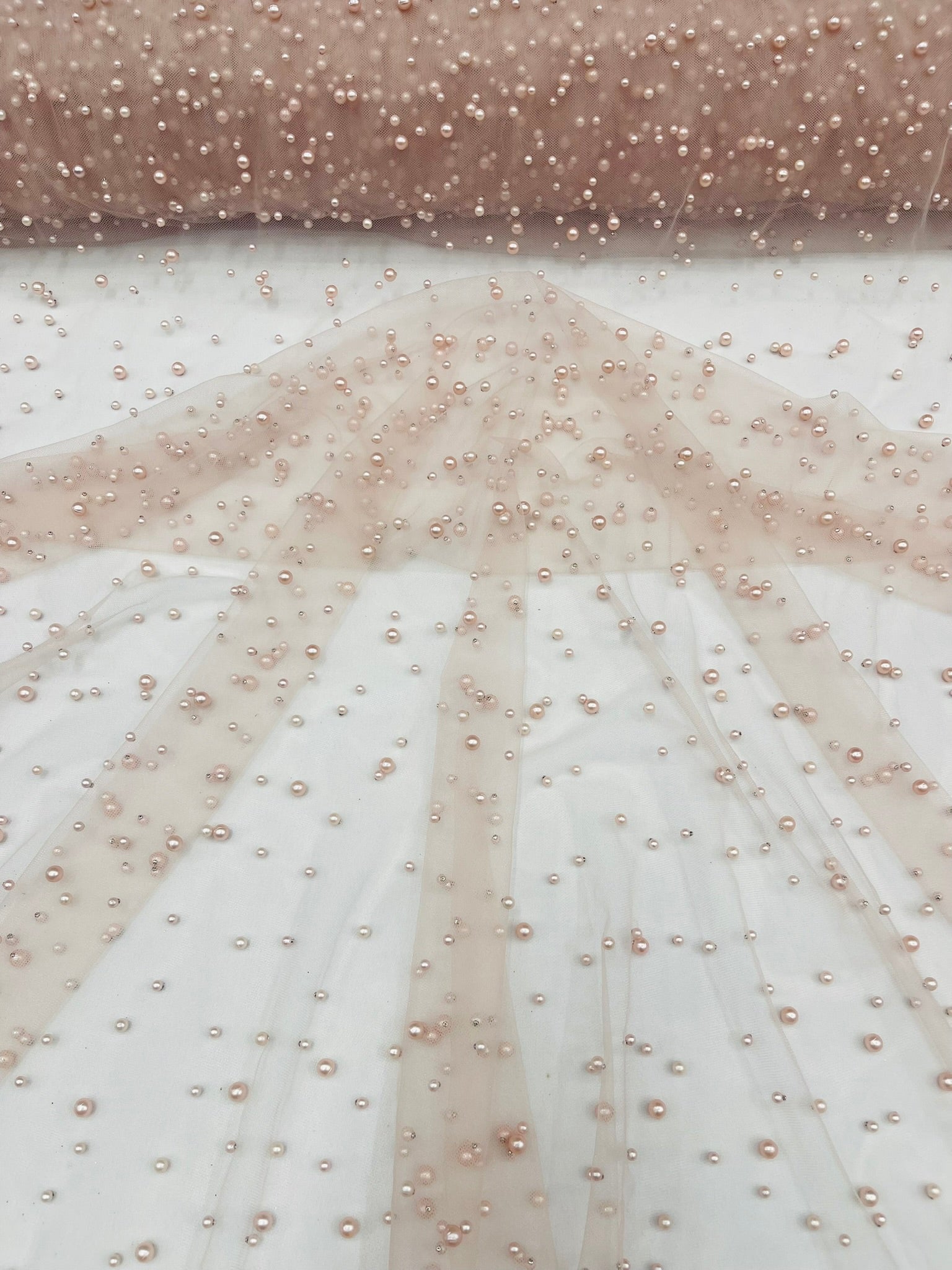 Scattered Pearls Studded Mesh, 2-Way Stretch, Sold by the yard.