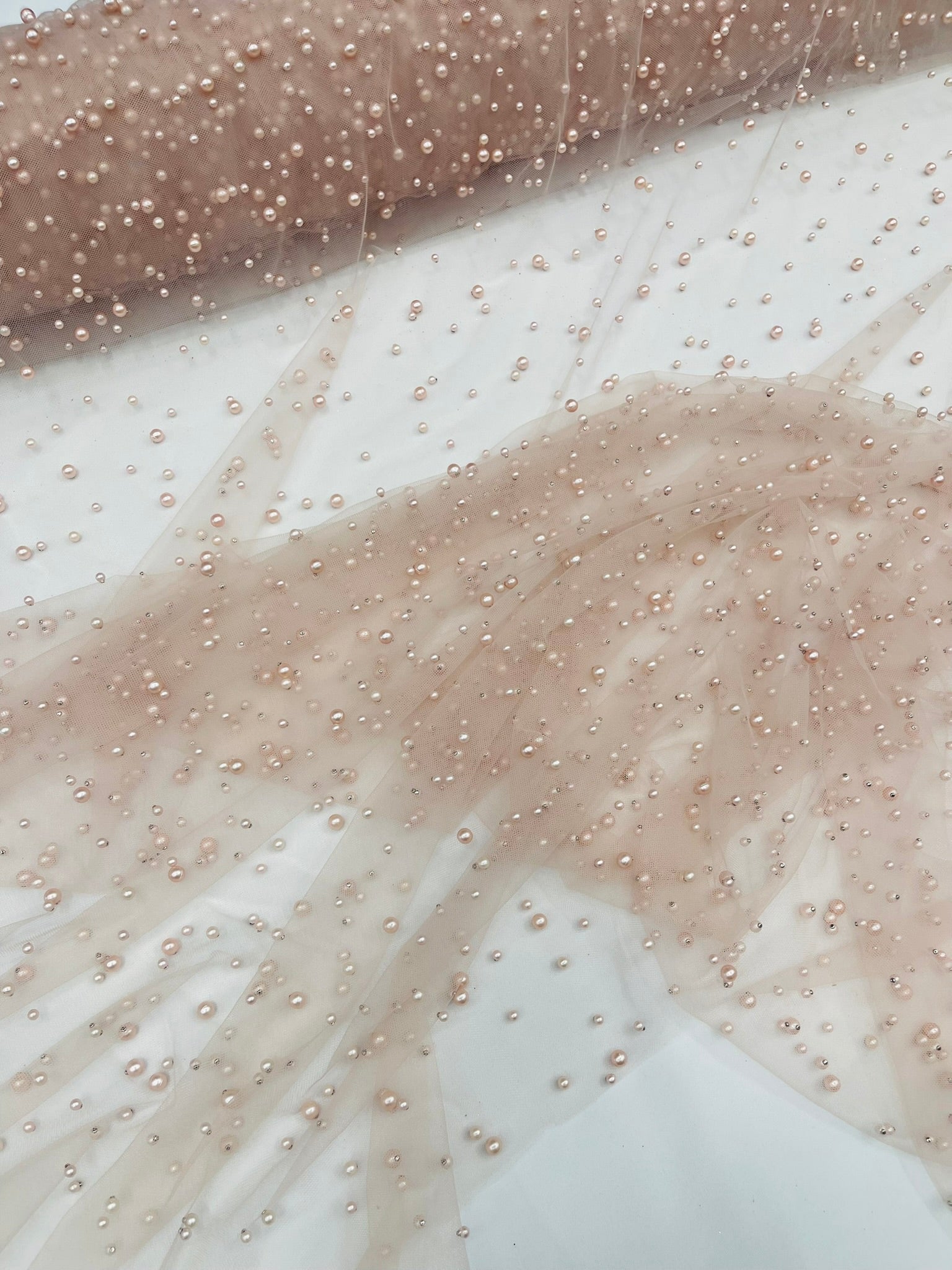 Scattered Pearls Studded Mesh, 2-Way Stretch, Sold by the yard.