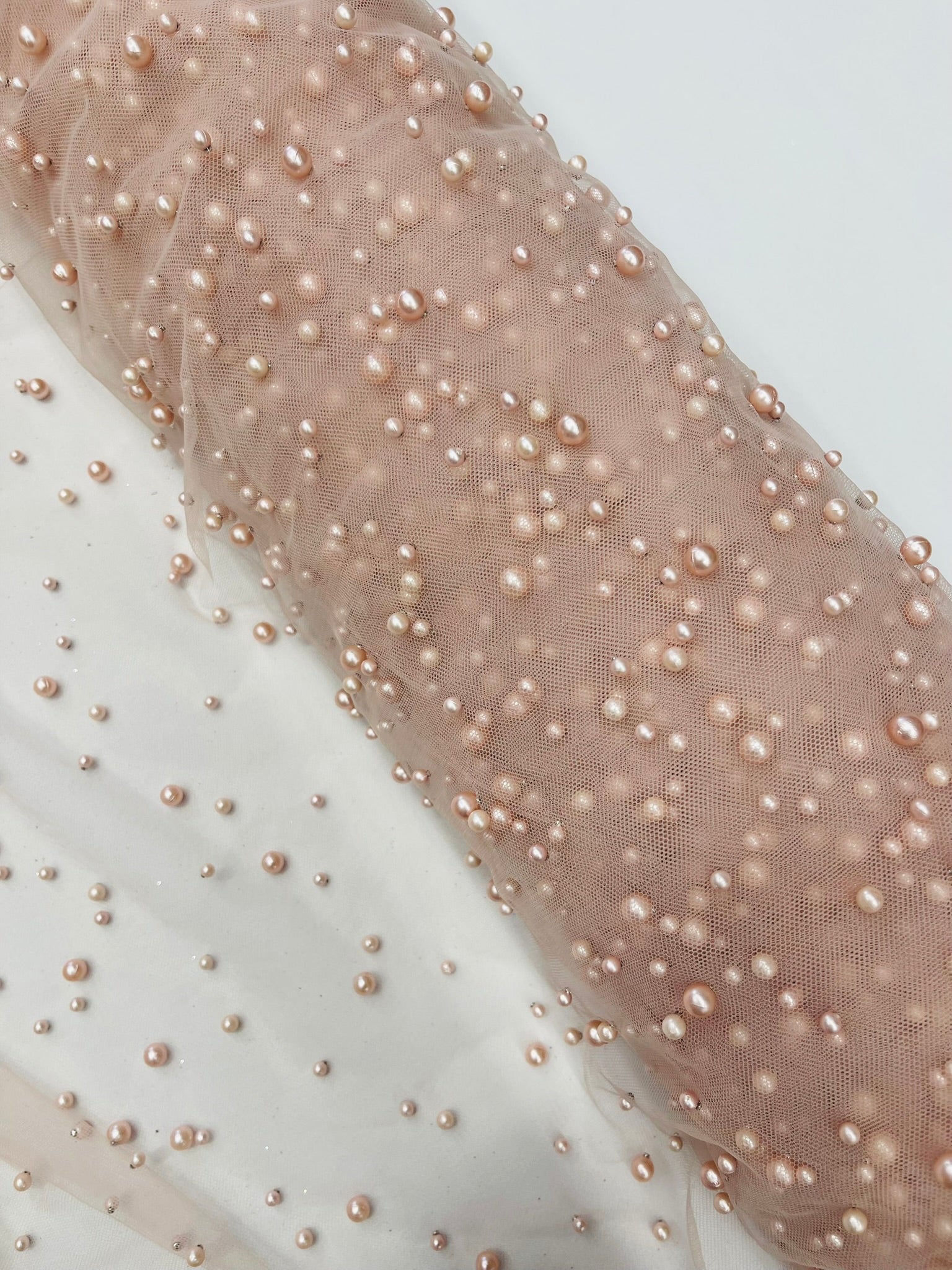Scattered Pearls Studded Mesh, 2-Way Stretch, Sold by the yard.