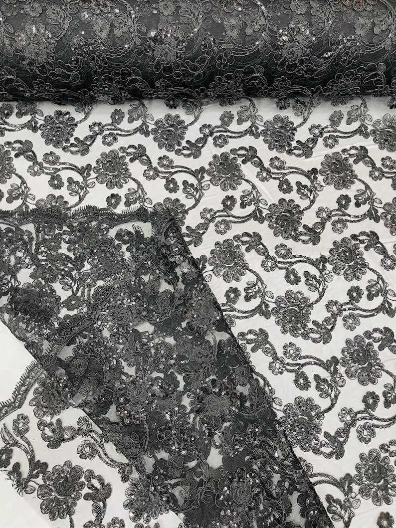 Flower Lace Sequins Fabric - Black - Embroidery Floral Design Lace Fabric By Yard