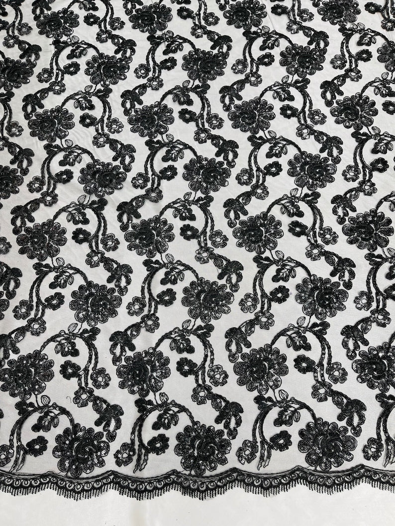 Flower Lace Sequins Fabric - Black - Embroidery Floral Design Lace Fabric By Yard