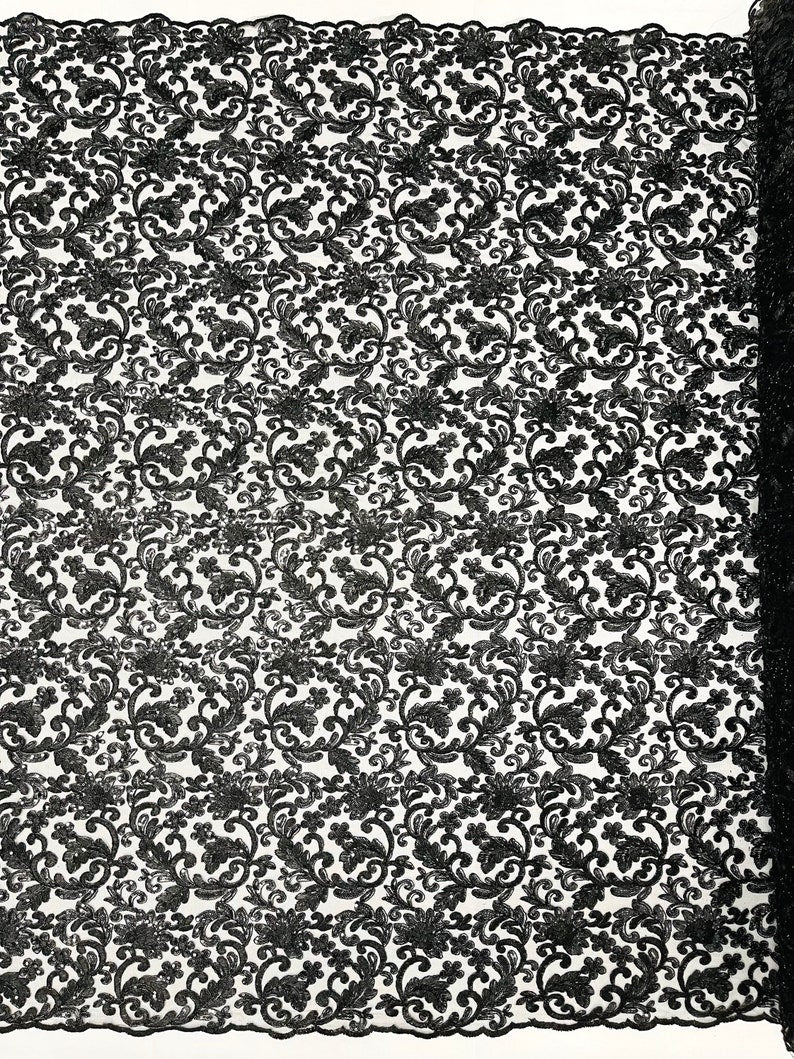 Flower Lace Sequins Corded Fabric - Black - Embroidery Floral Design Lace Fabric By Yard