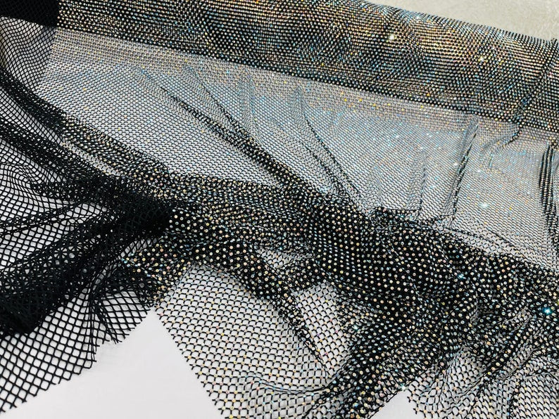 AB Iridescent Rhinestones On Soft Stretch Fish Net Fabric 45" Wide -sold by The Yard.