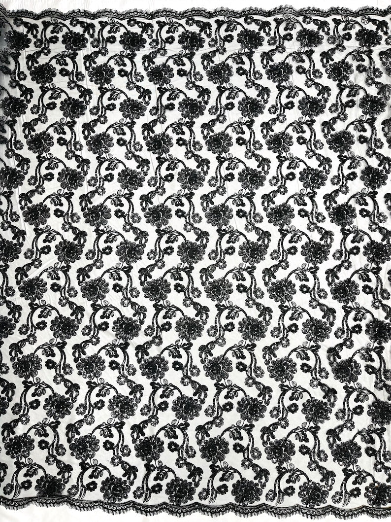 Flower Lace Sequins Fabric - Black - Embroidery Floral Design Lace Fabric By Yard