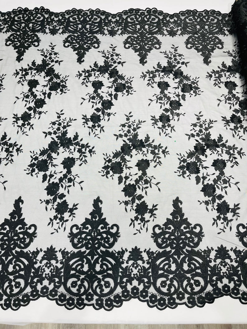 Elegant flower damask flat lace embroidery on a mesh-sold by the yard.