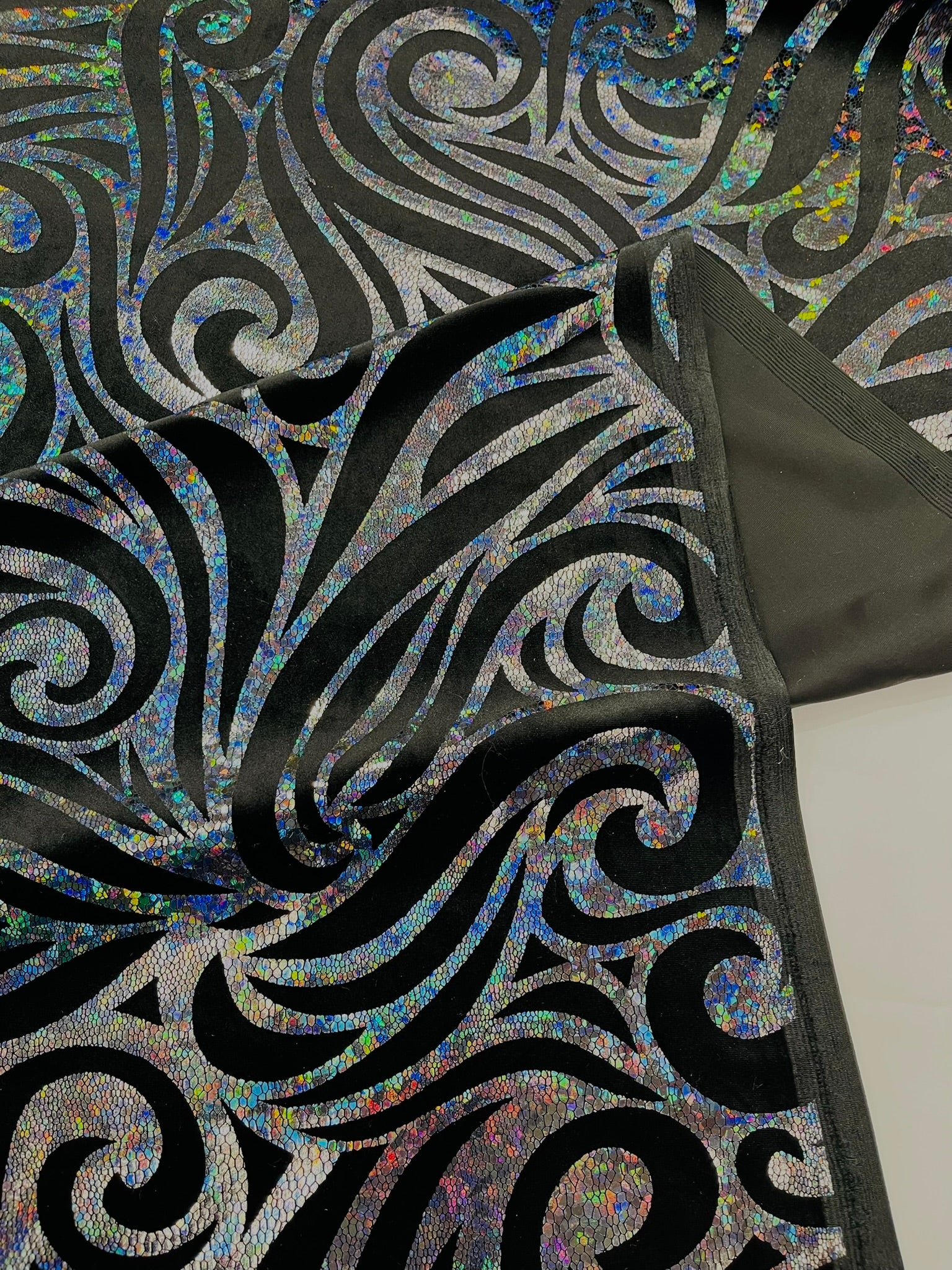 Holographic Foil Tribal Flame Design On A Stretch Velvet Fabric. Sold By The Yard