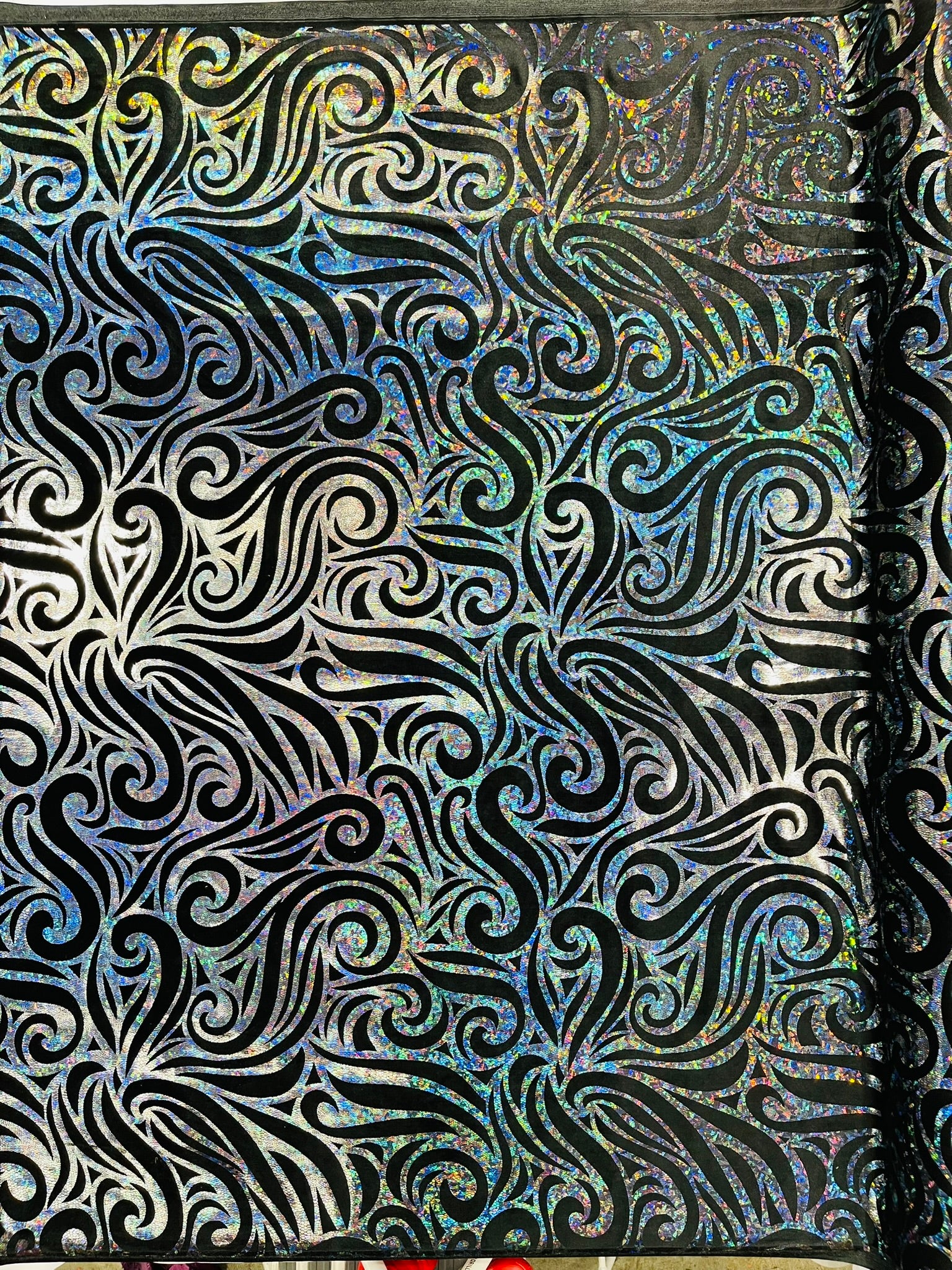 Holographic Foil Tribal Flame Design On A Stretch Velvet Fabric. Sold By The Yard