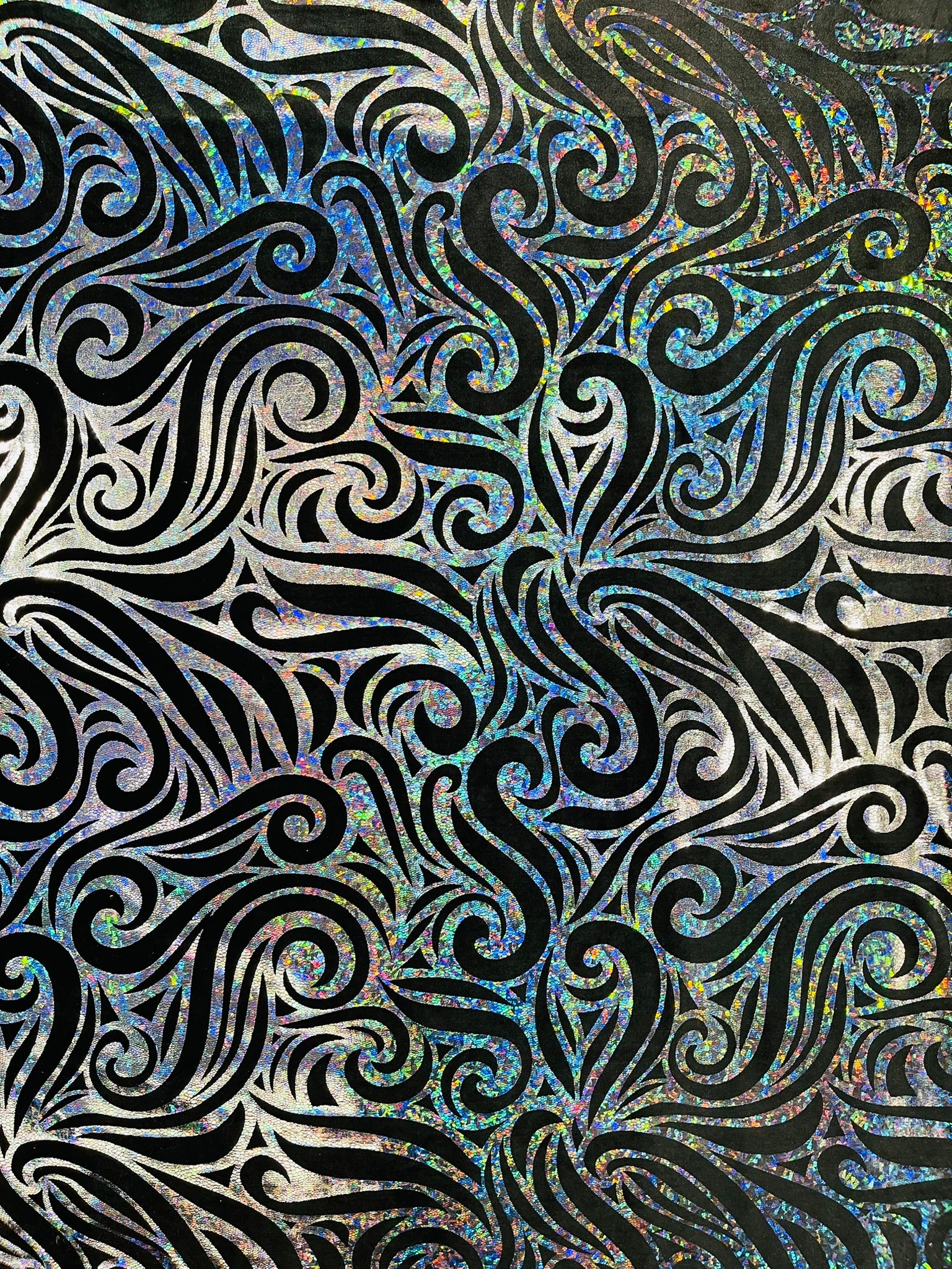 Holographic Foil Tribal Flame Design On A Stretch Velvet Fabric. Sold By The Yard