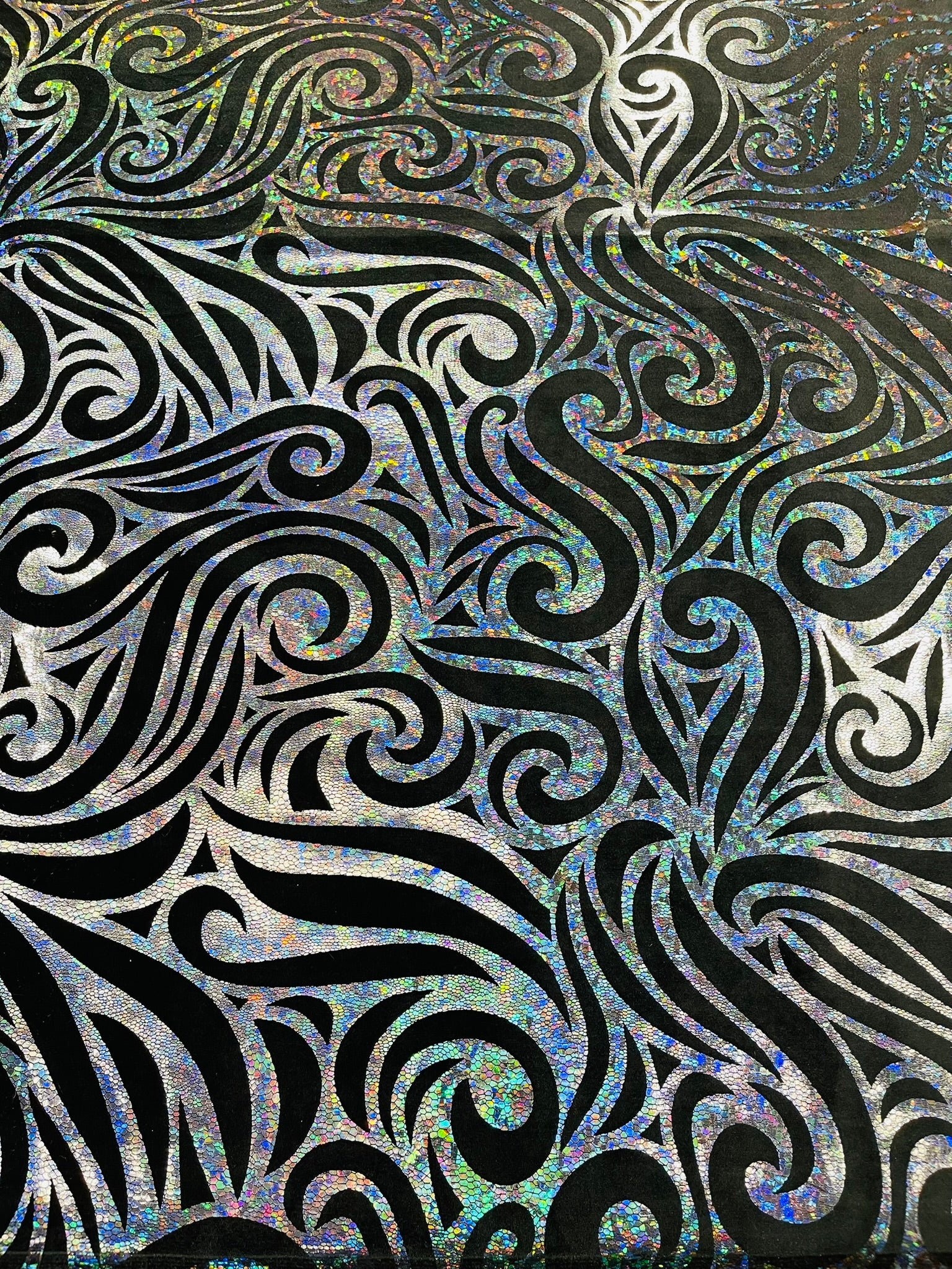 Holographic Foil Tribal Flame Design On A Stretch Velvet Fabric. Sold By The Yard