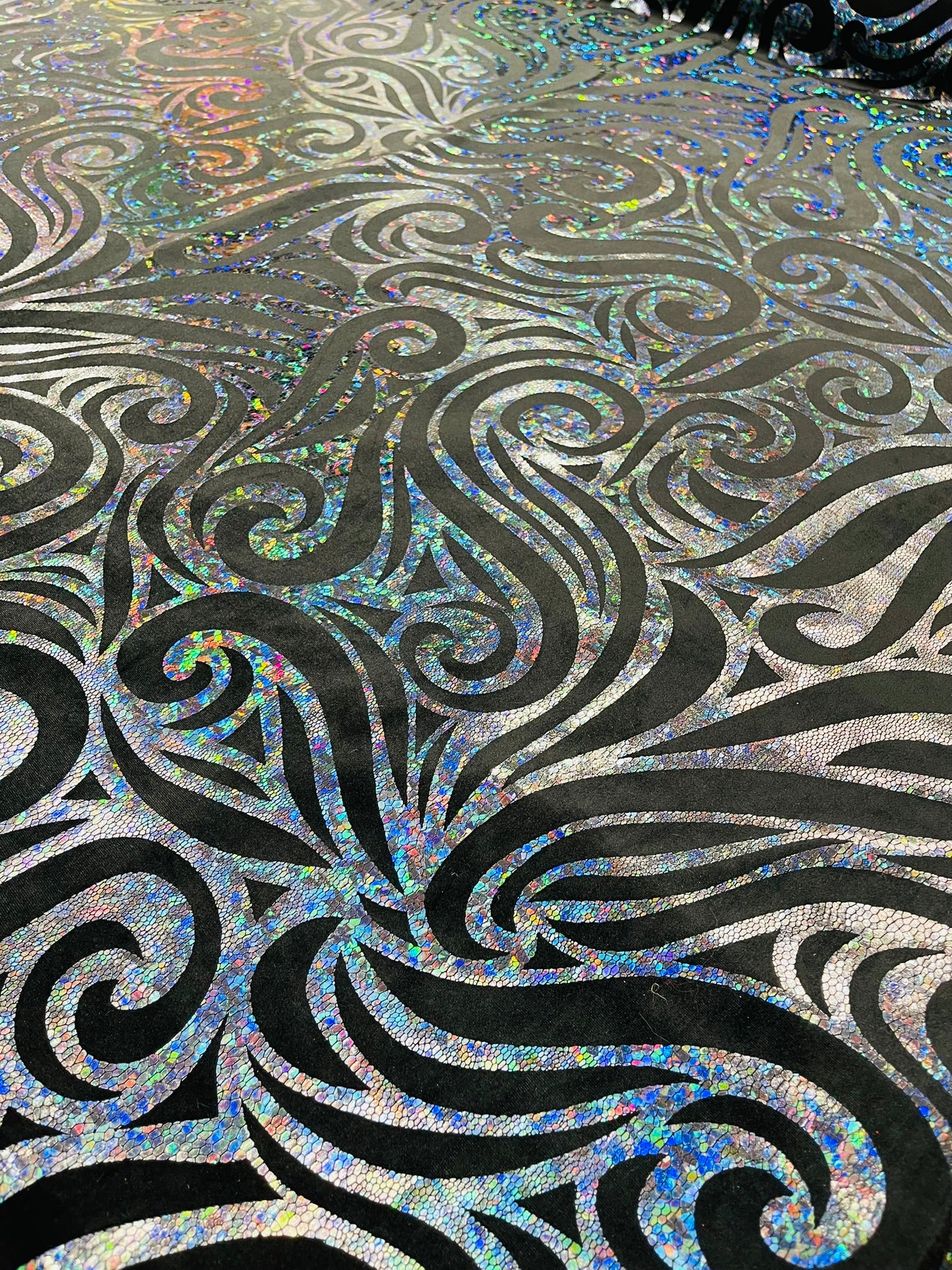 Holographic Foil Tribal Flame Design On A Stretch Velvet Fabric. Sold By The Yard