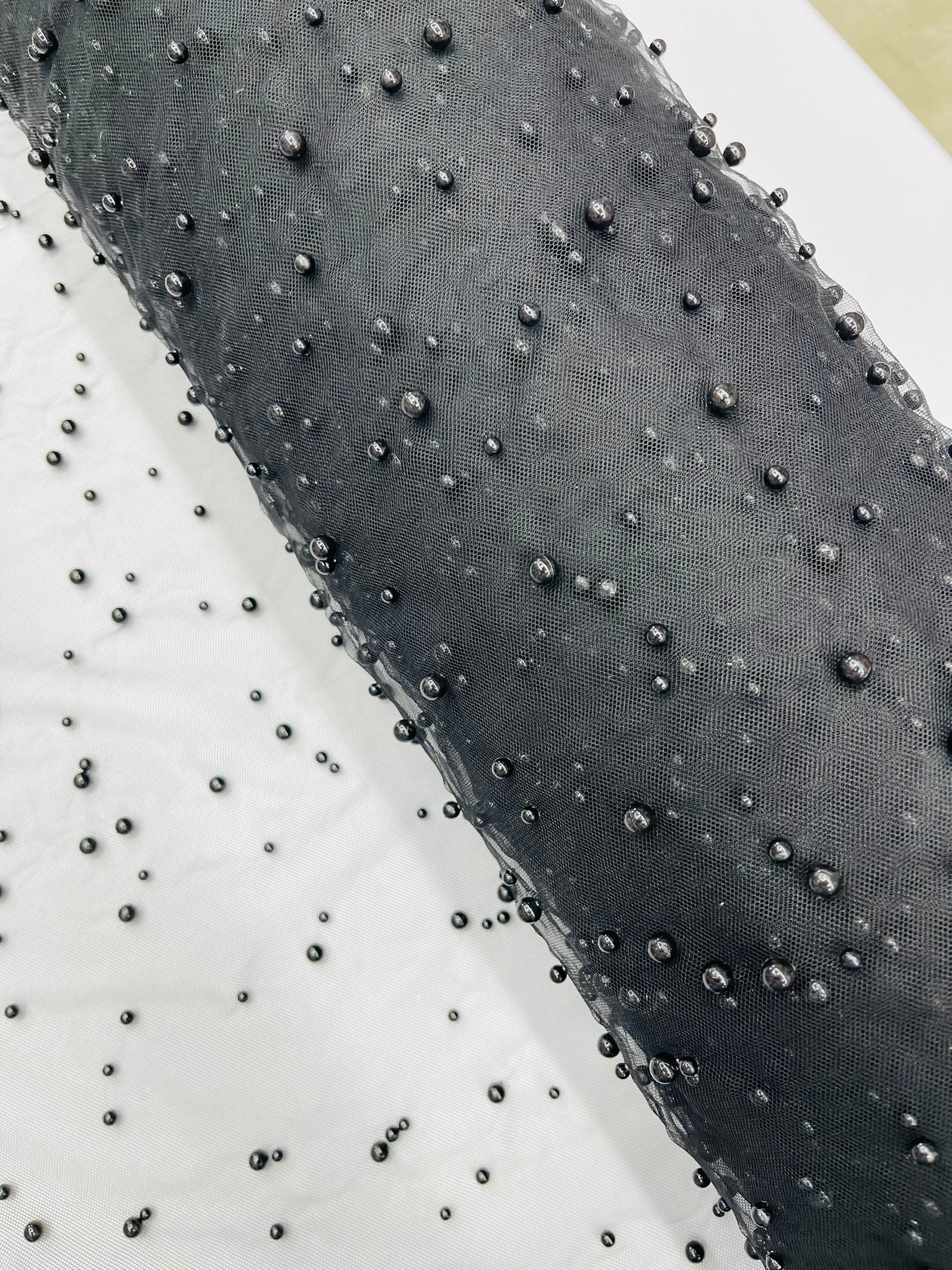 Scattered Pearls Studded Mesh, 2-Way Stretch, Sold by the yard.