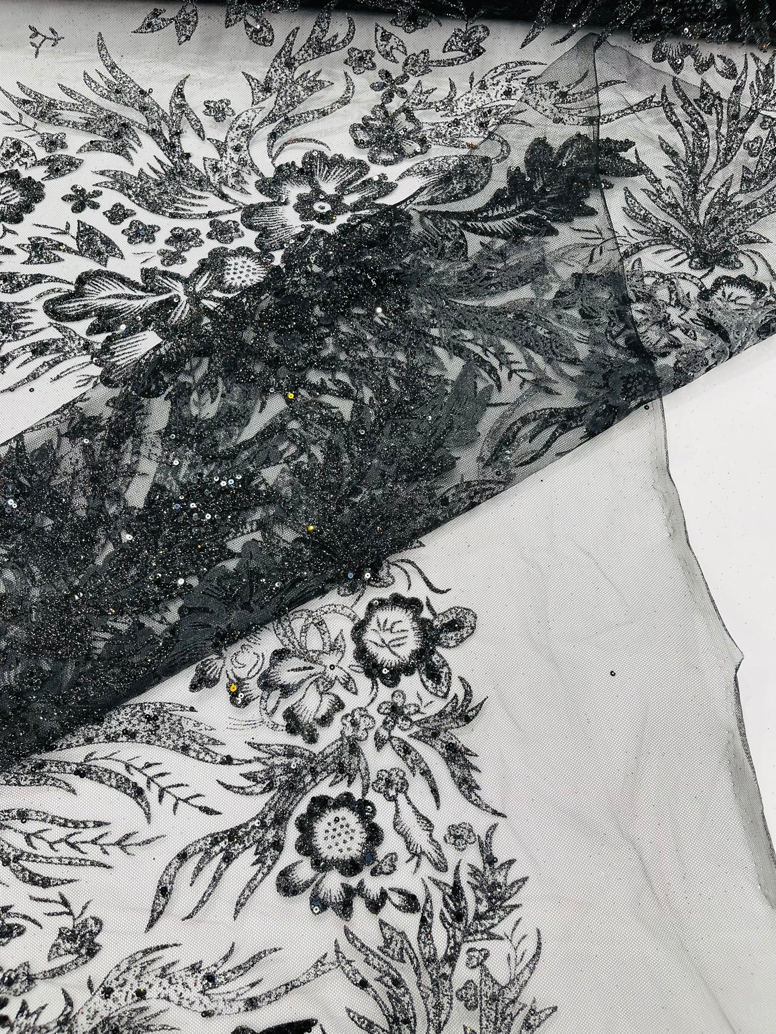 Big Glitter Damask Design On A Mesh Lace Fabric/Prom/Sold By The Yard