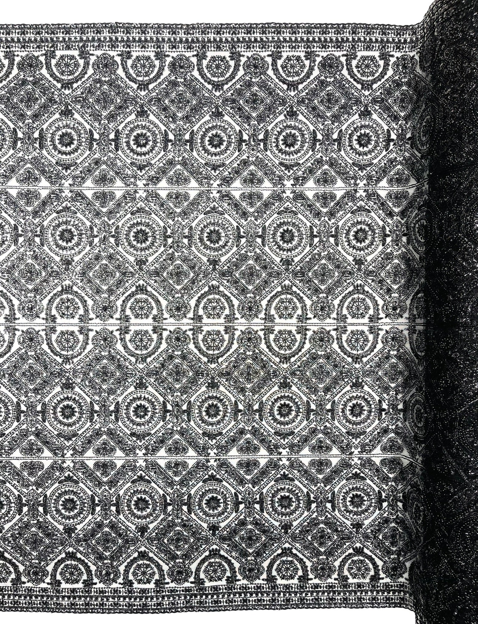 Geometric Beaded Lace Fabric, Heavy Embroidered Design on 58" Mesh for Dresses