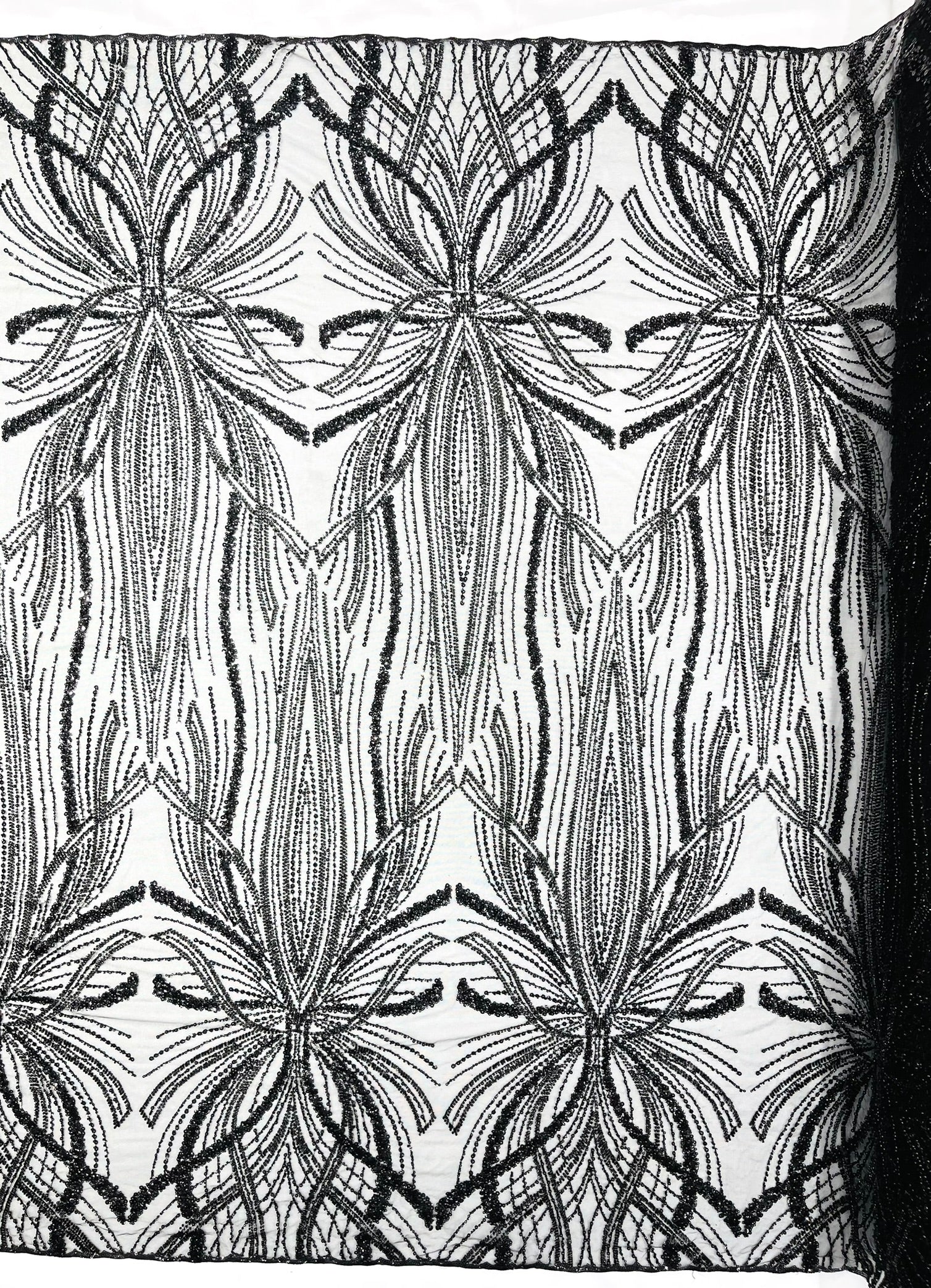 Palm Beaded Lace Fabric, Heavy Embroidered Design on 58" Mesh for Dresses