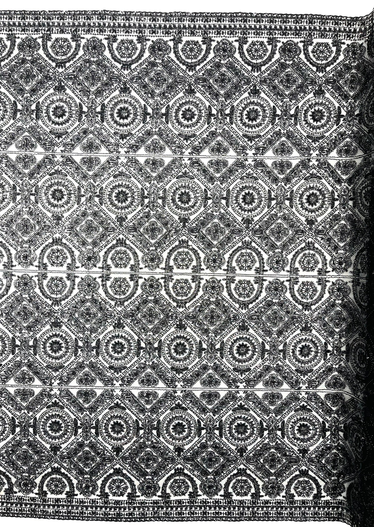 Geometric Beaded Lace Fabric, Heavy Embroidered Design on 58" Mesh for Dresses