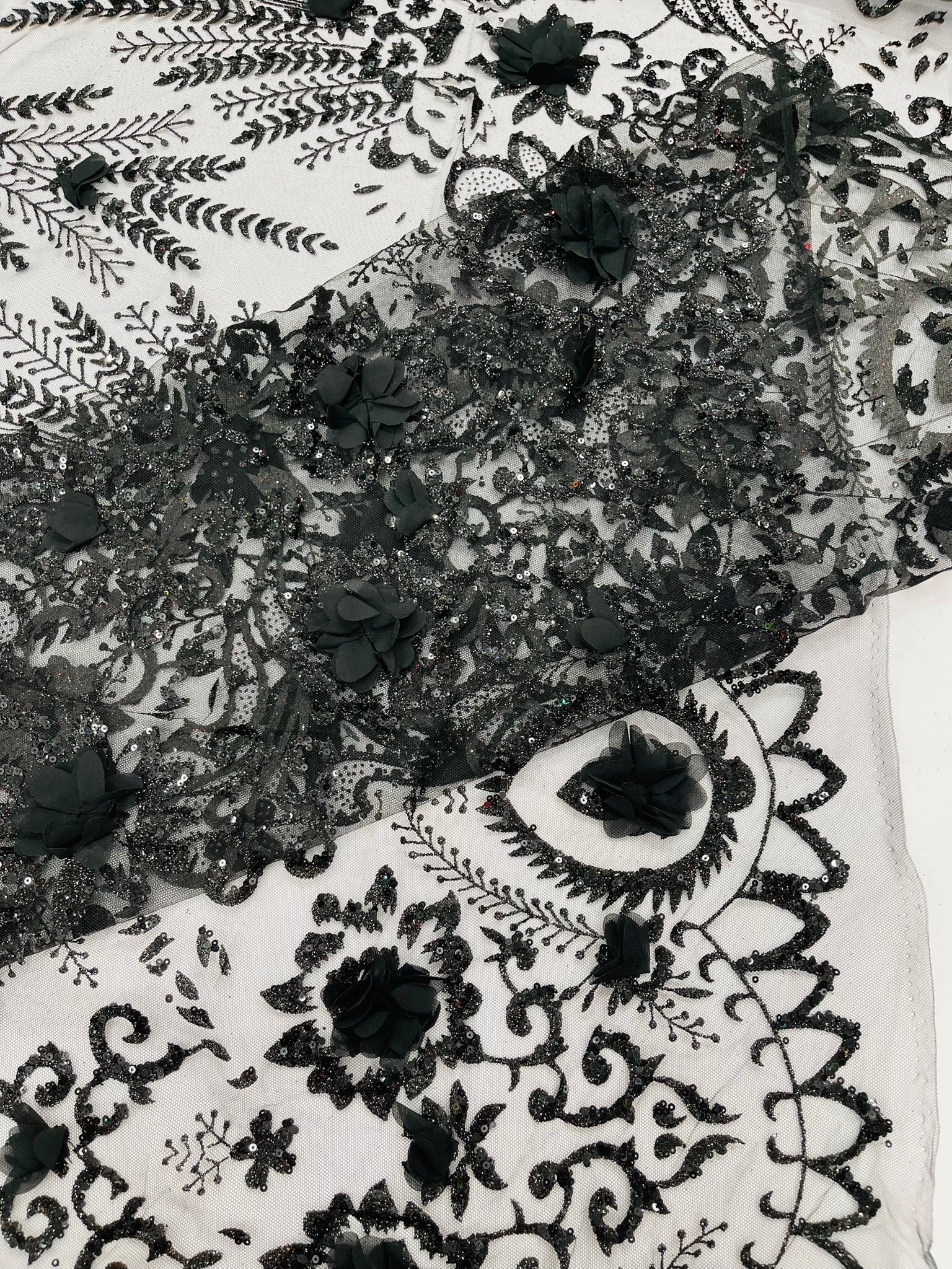 Floral 3D Palm Damask with glitter in a Mesh Lace- Sold by the yard