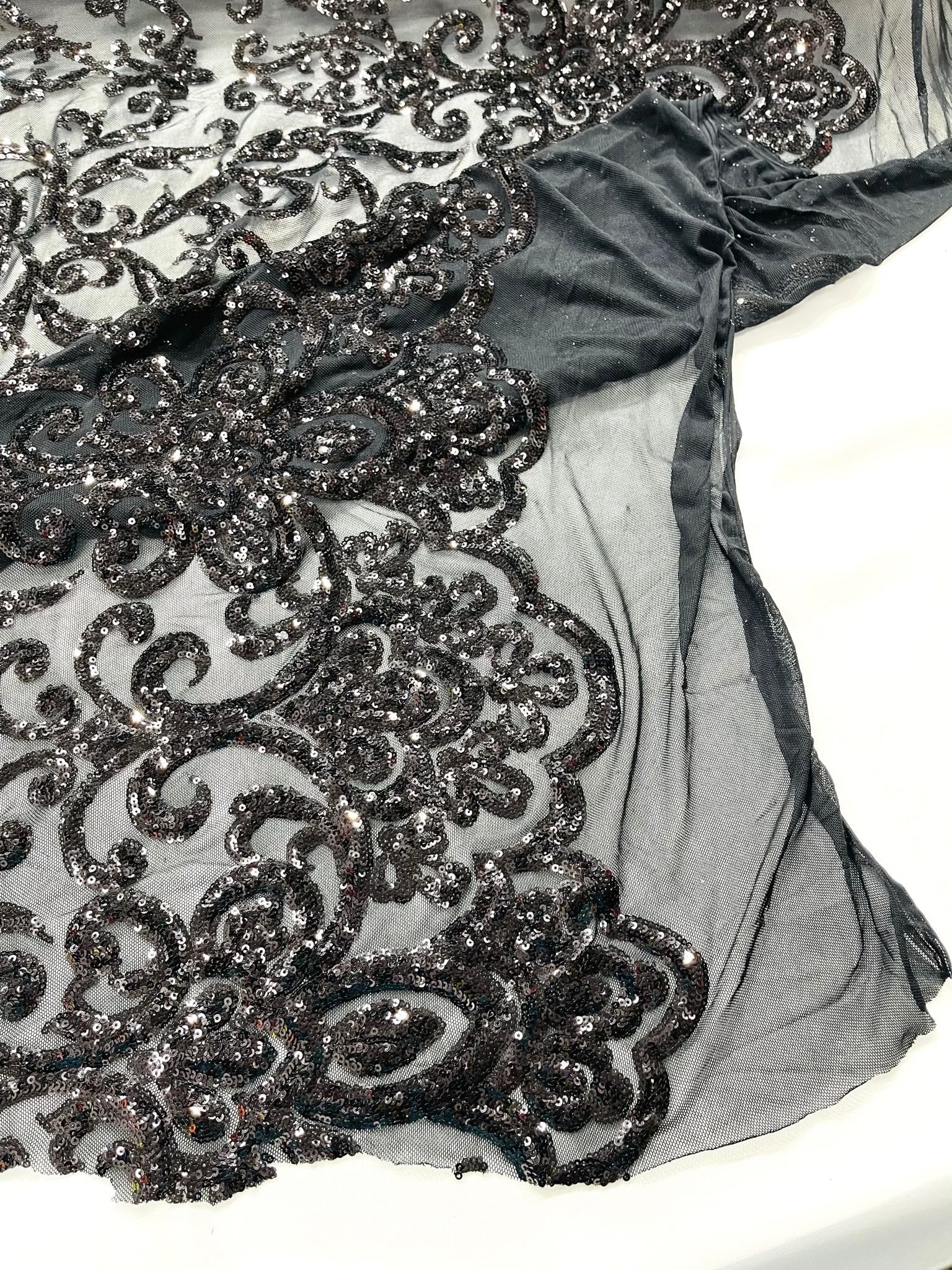 King Damask Design Sequins - 4 Way Stretch Lace Mesh Embroidered Sequins By Yard.