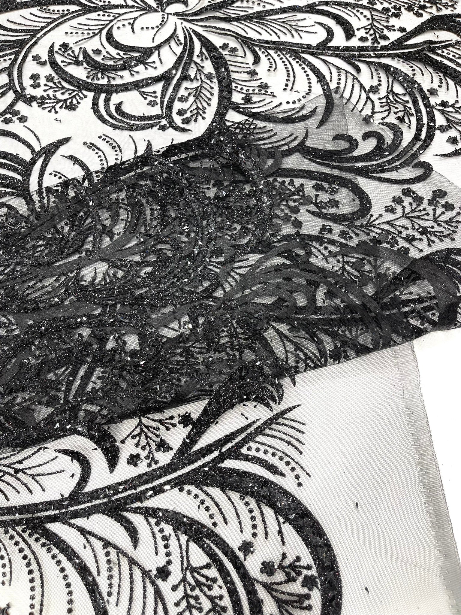 Palm Glitter Vine Design On A Mesh Lace Fabric 58"' Wide Prom.