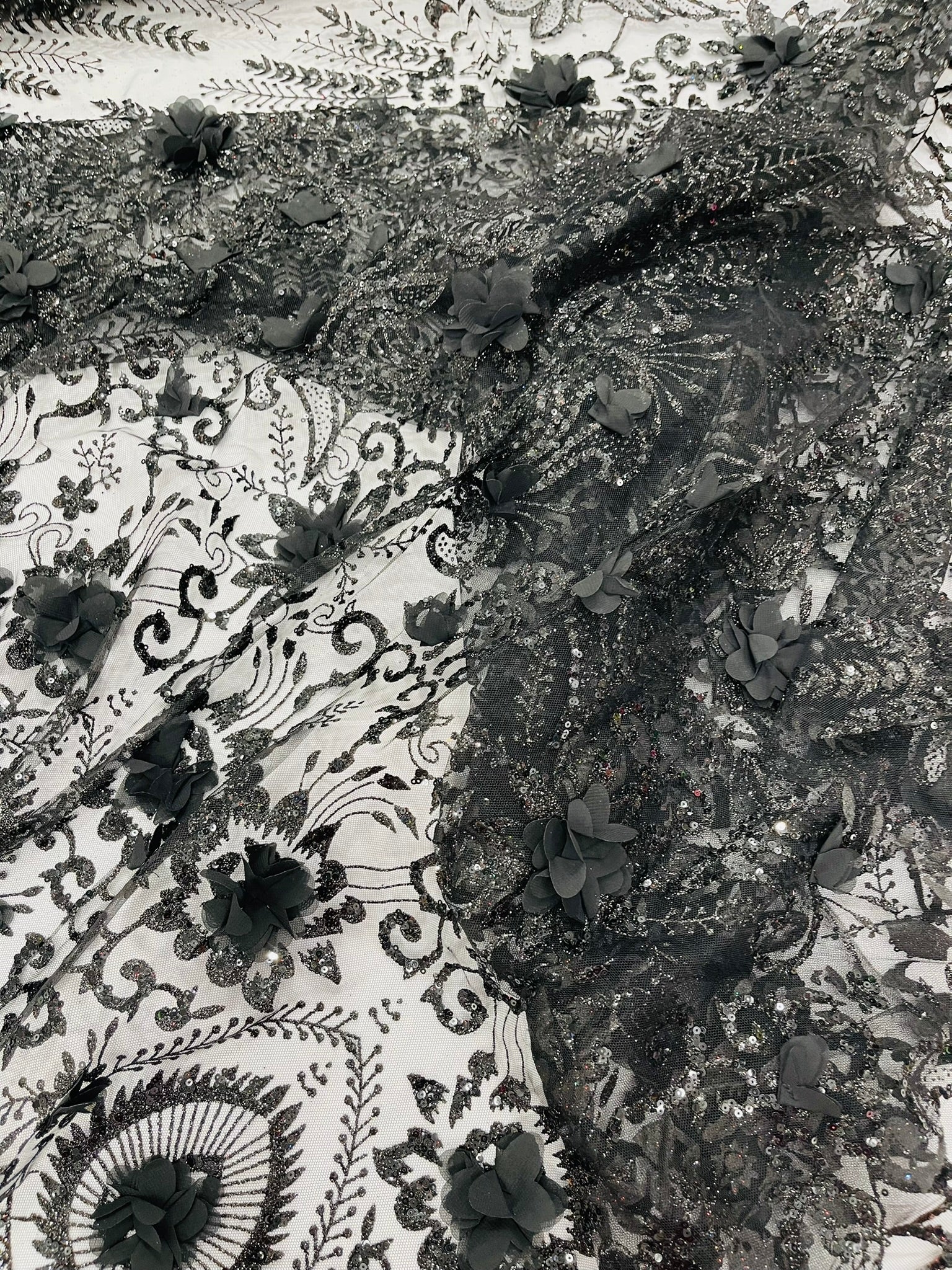 Floral 3D Palm Damask with glitter in a Mesh Lace- Sold by the yard