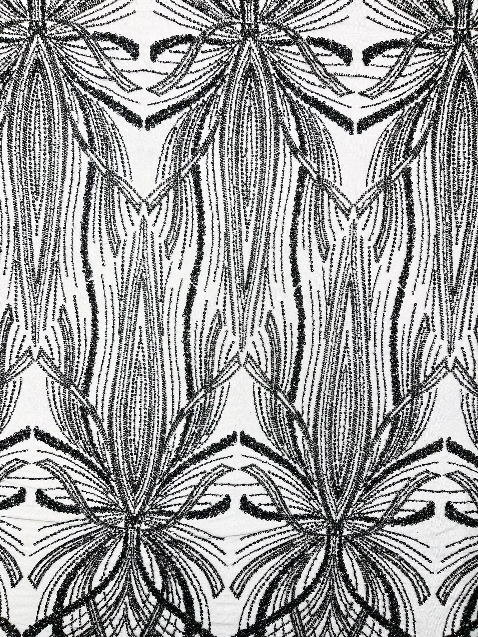 Palm Beaded Lace Fabric, Heavy Embroidered Design on 58" Mesh for Dresses