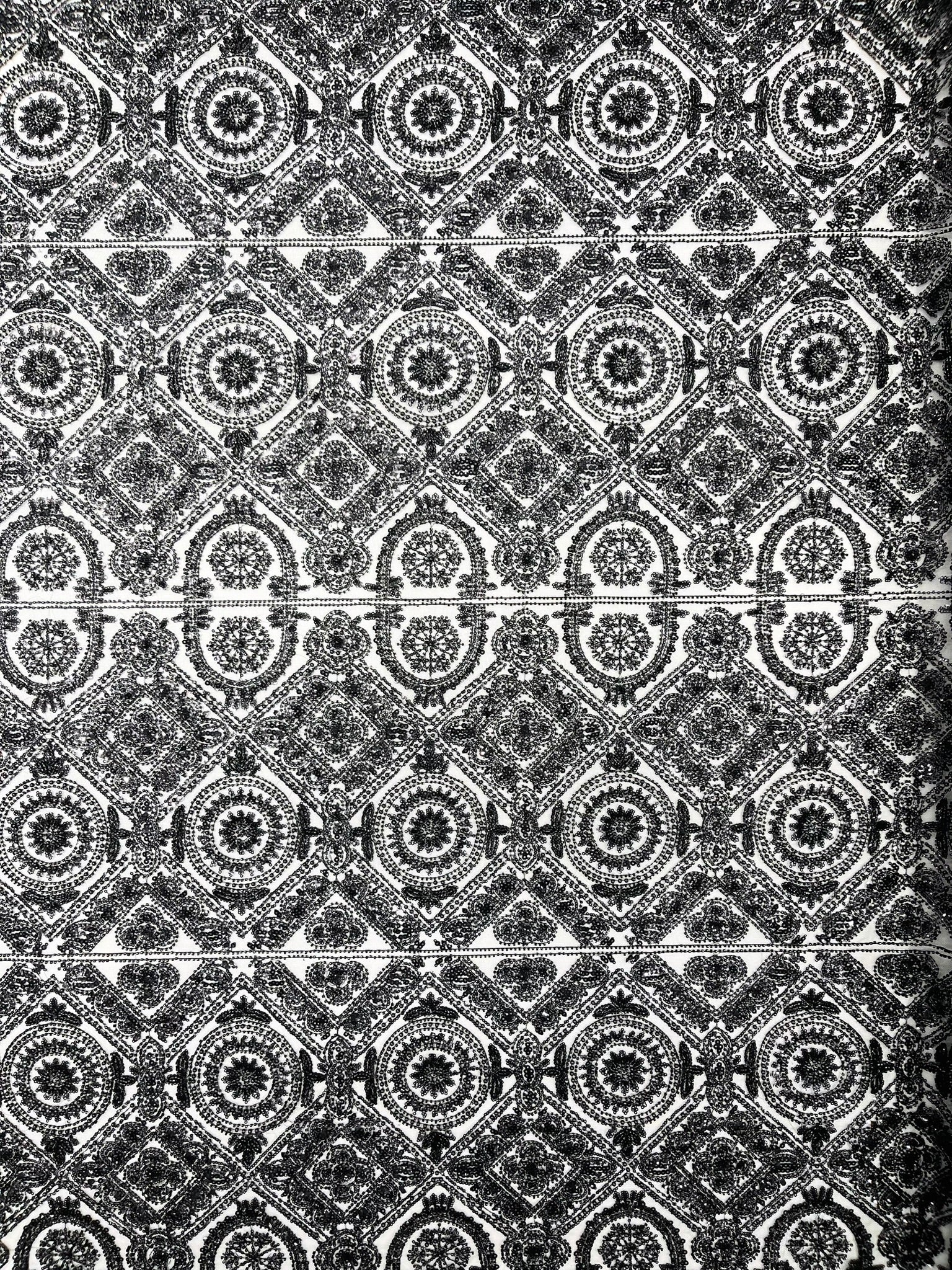 Geometric Beaded Lace Fabric, Heavy Embroidered Design on 58" Mesh for Dresses