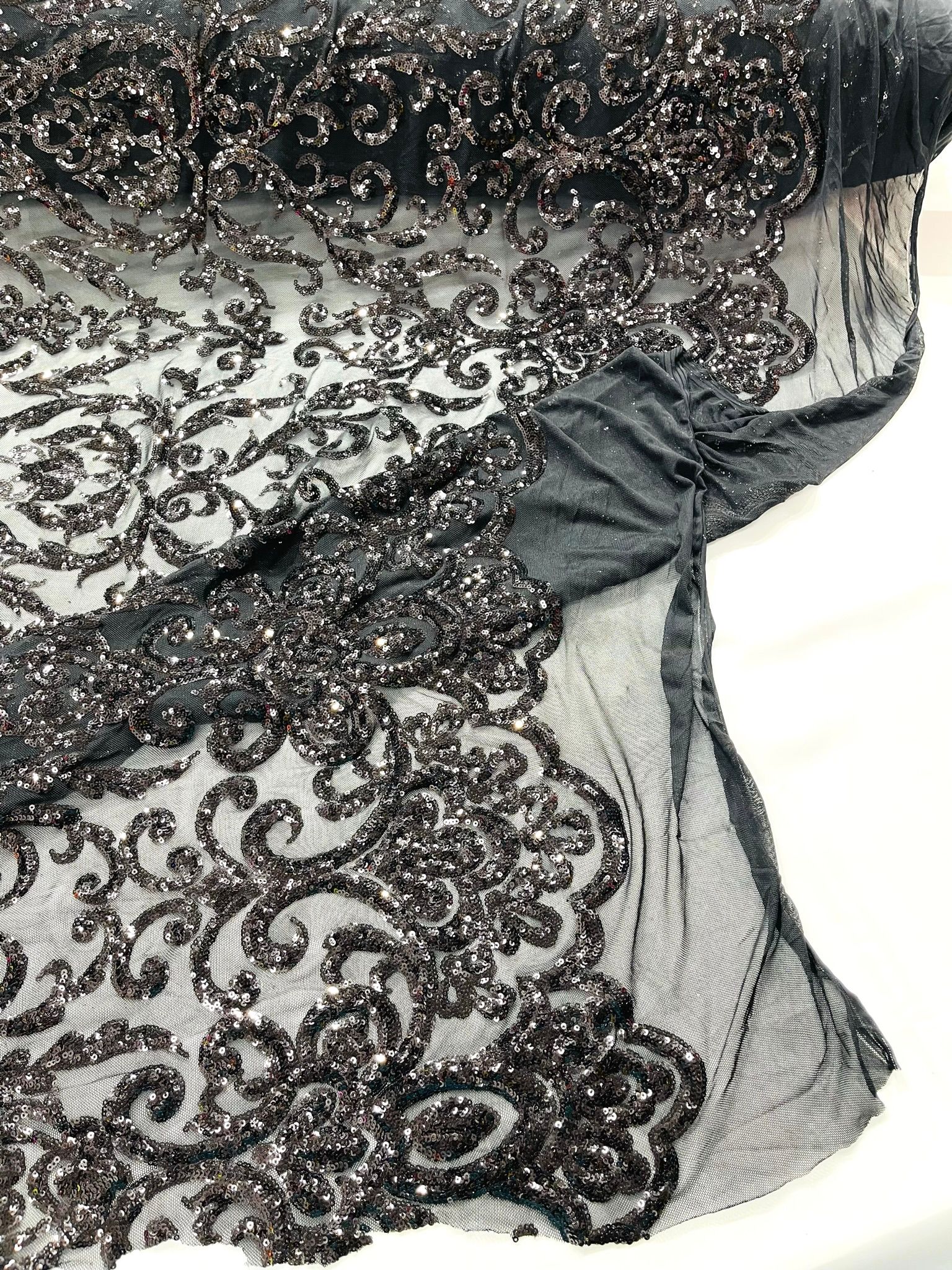 King Damask Design Sequins - 4 Way Stretch Lace Mesh Embroidered Sequins By Yard.