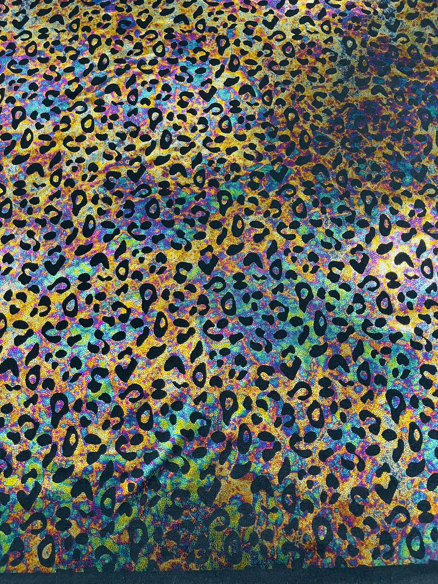 Leopard Oil Spill Metallic Print on a Stretch Nylon Spandex Tricot/Milliskin -Sold by the yard