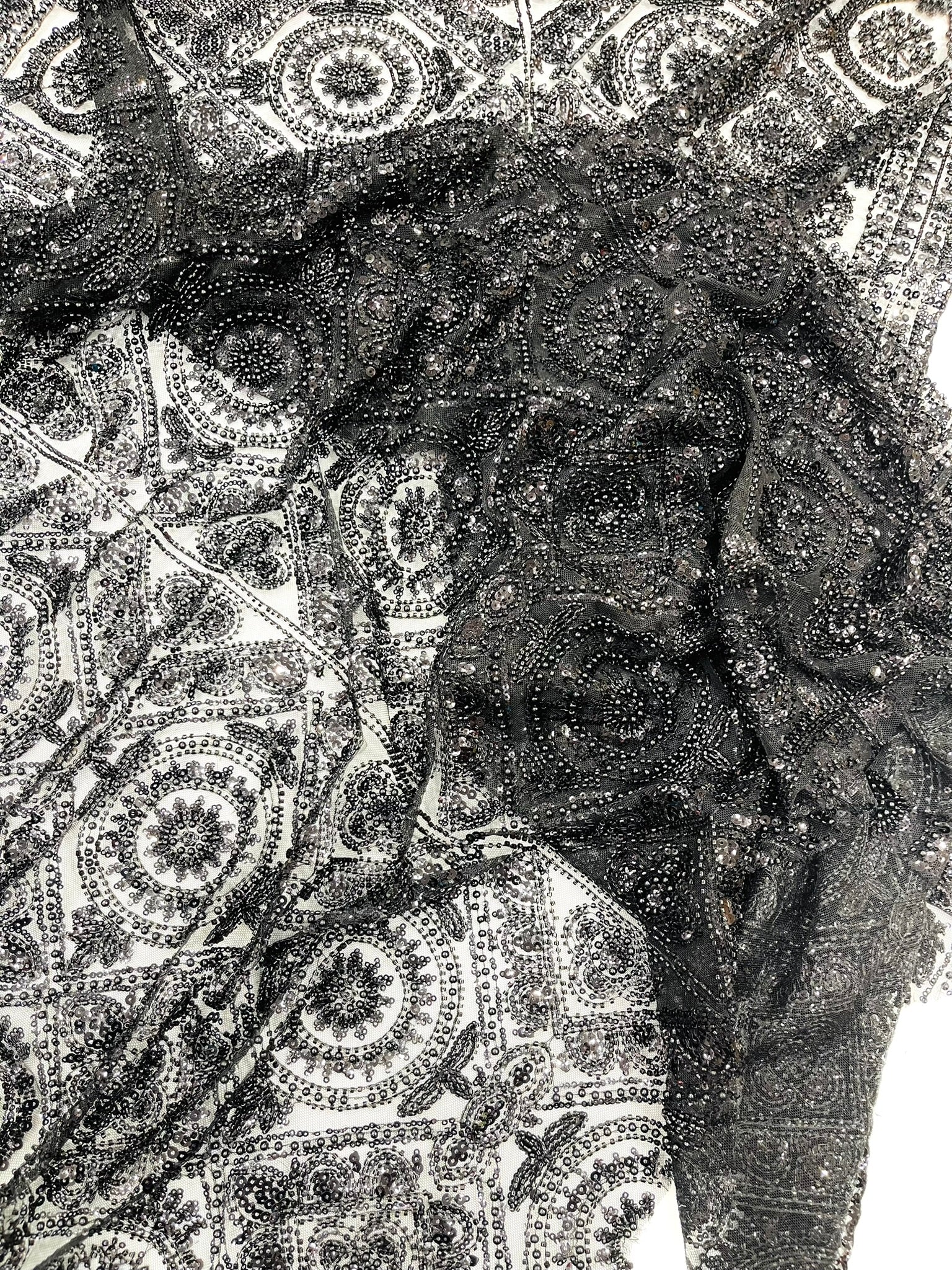 Geometric Beaded Lace Fabric, Heavy Embroidered Design on 58" Mesh for Dresses