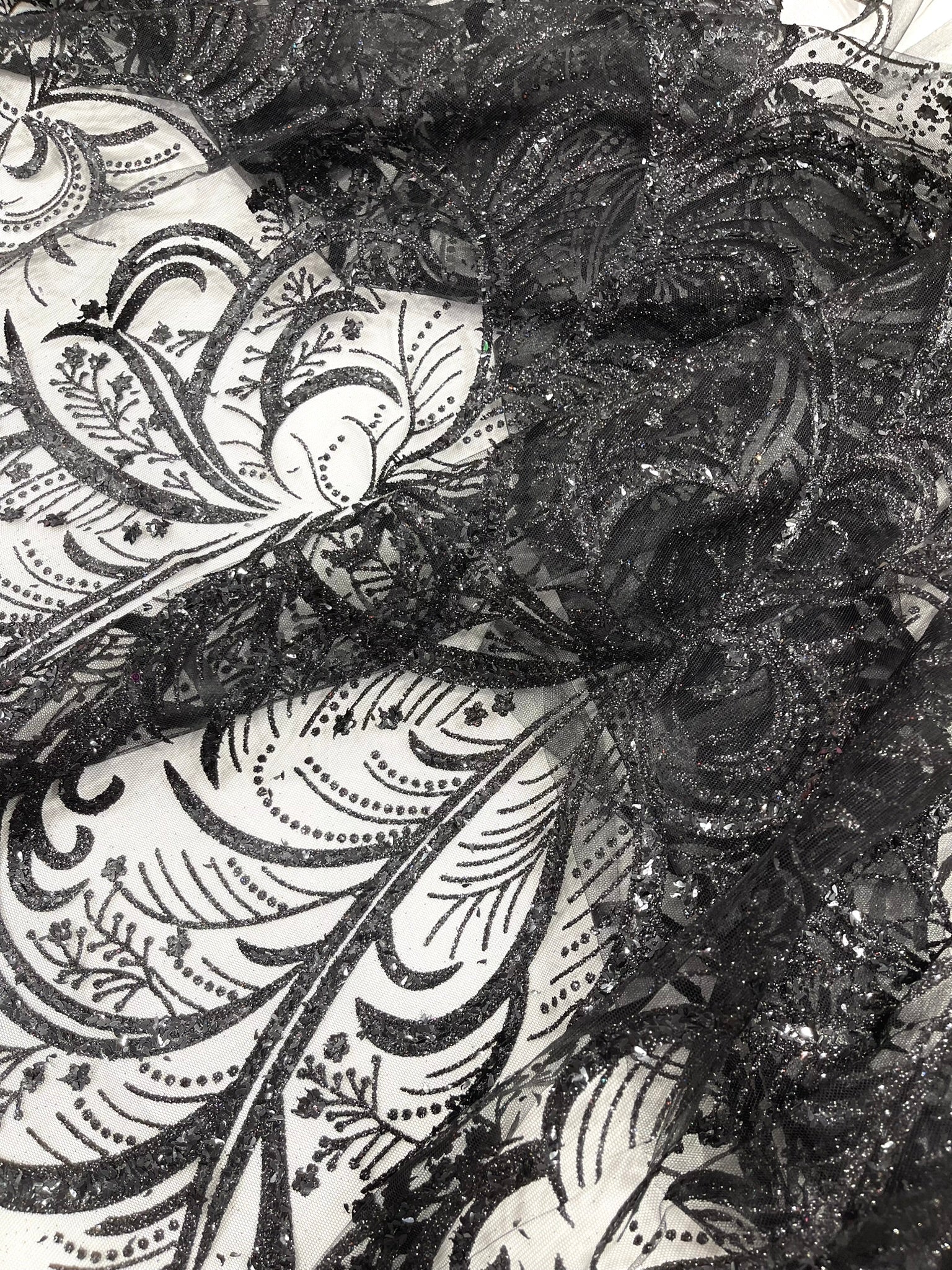 Palm Glitter Vine Design On A Mesh Lace Fabric 58"' Wide Prom.
