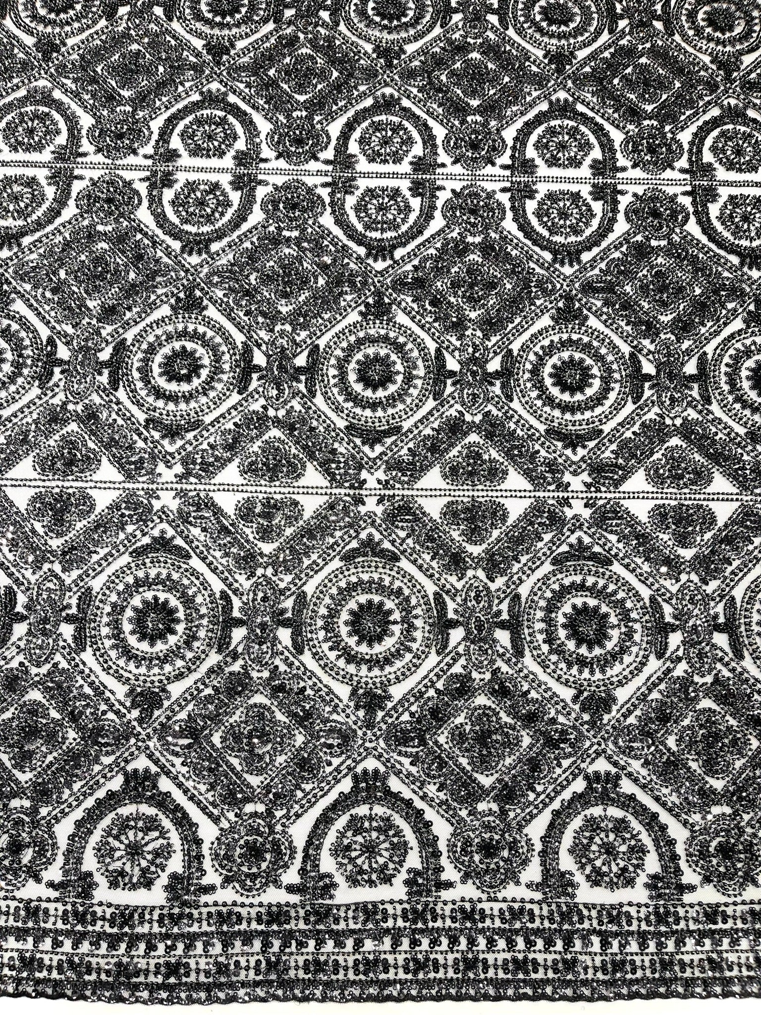 Geometric Beaded Lace Fabric, Heavy Embroidered Design on 58" Mesh for Dresses
