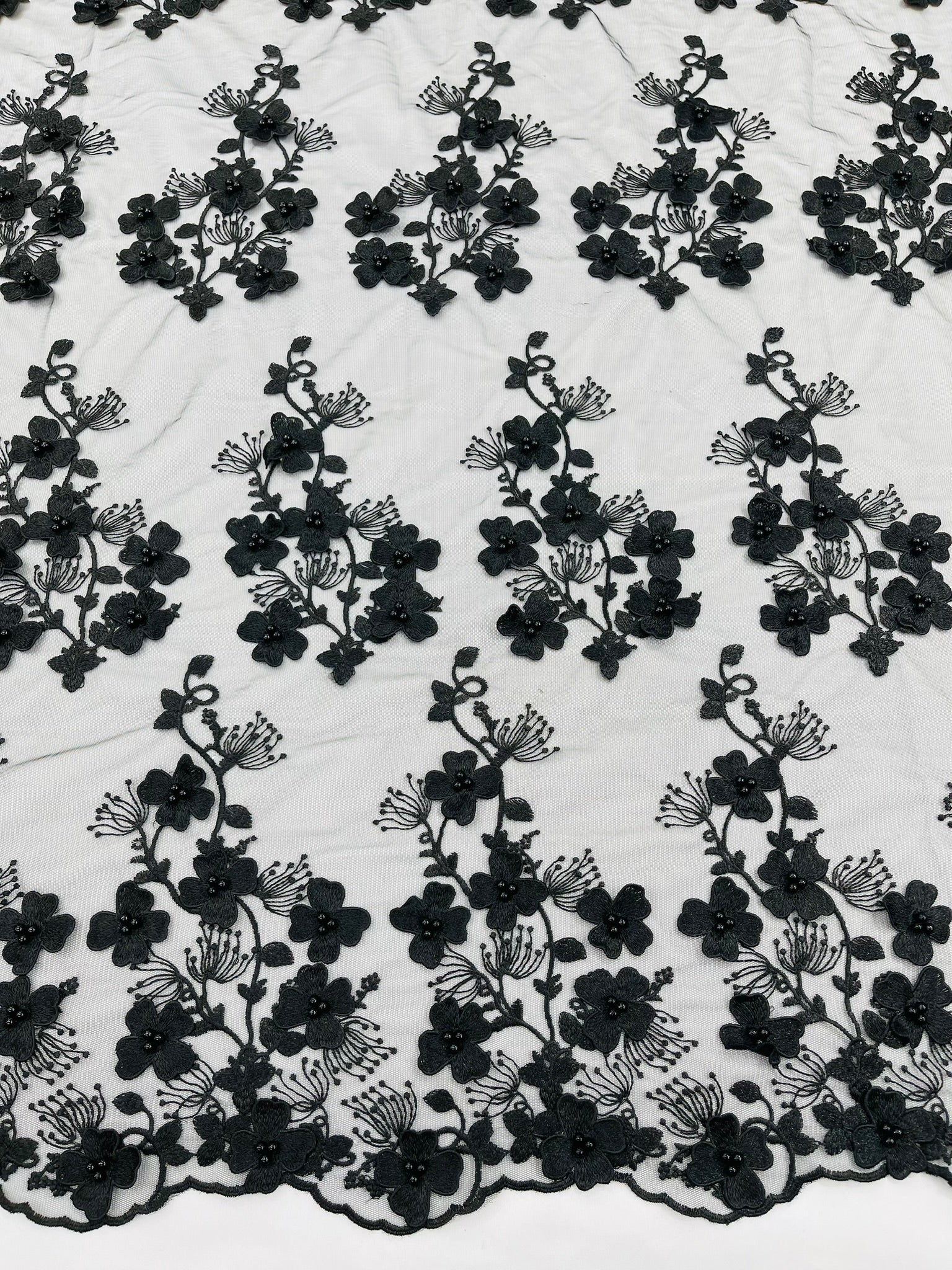 Multi Color 3D Floral design embroider with pearls in a mesh lace fabric -Sold by the yard