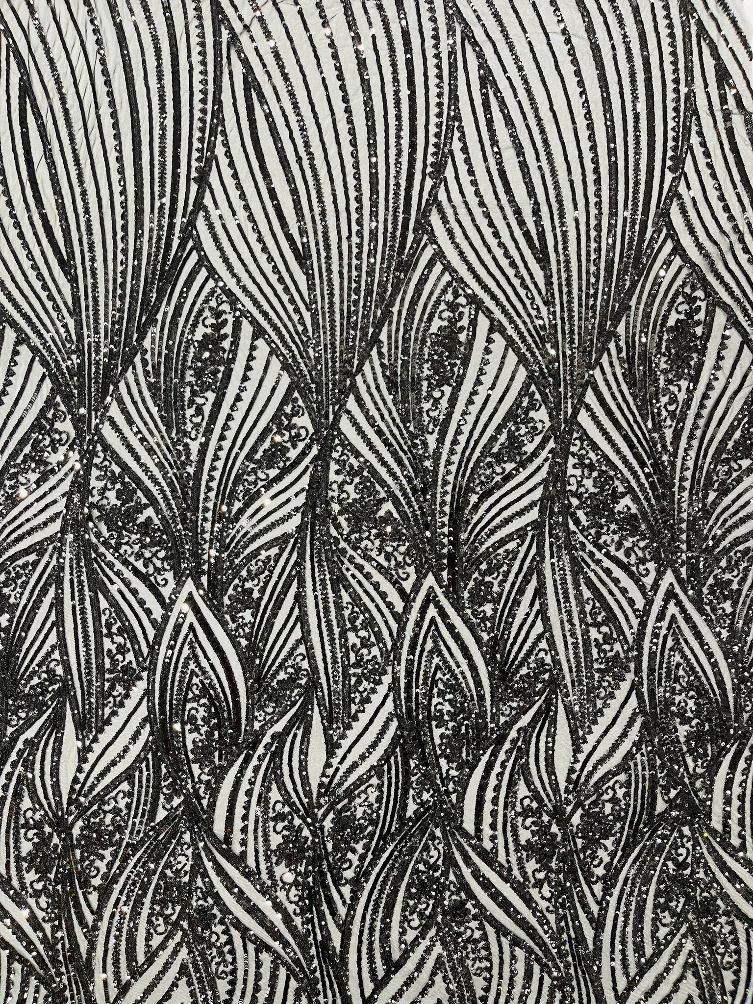 Geometric Feather wing shiny sequin design on a 4 way stretch mesh Fabric-prom-sold by the yard.