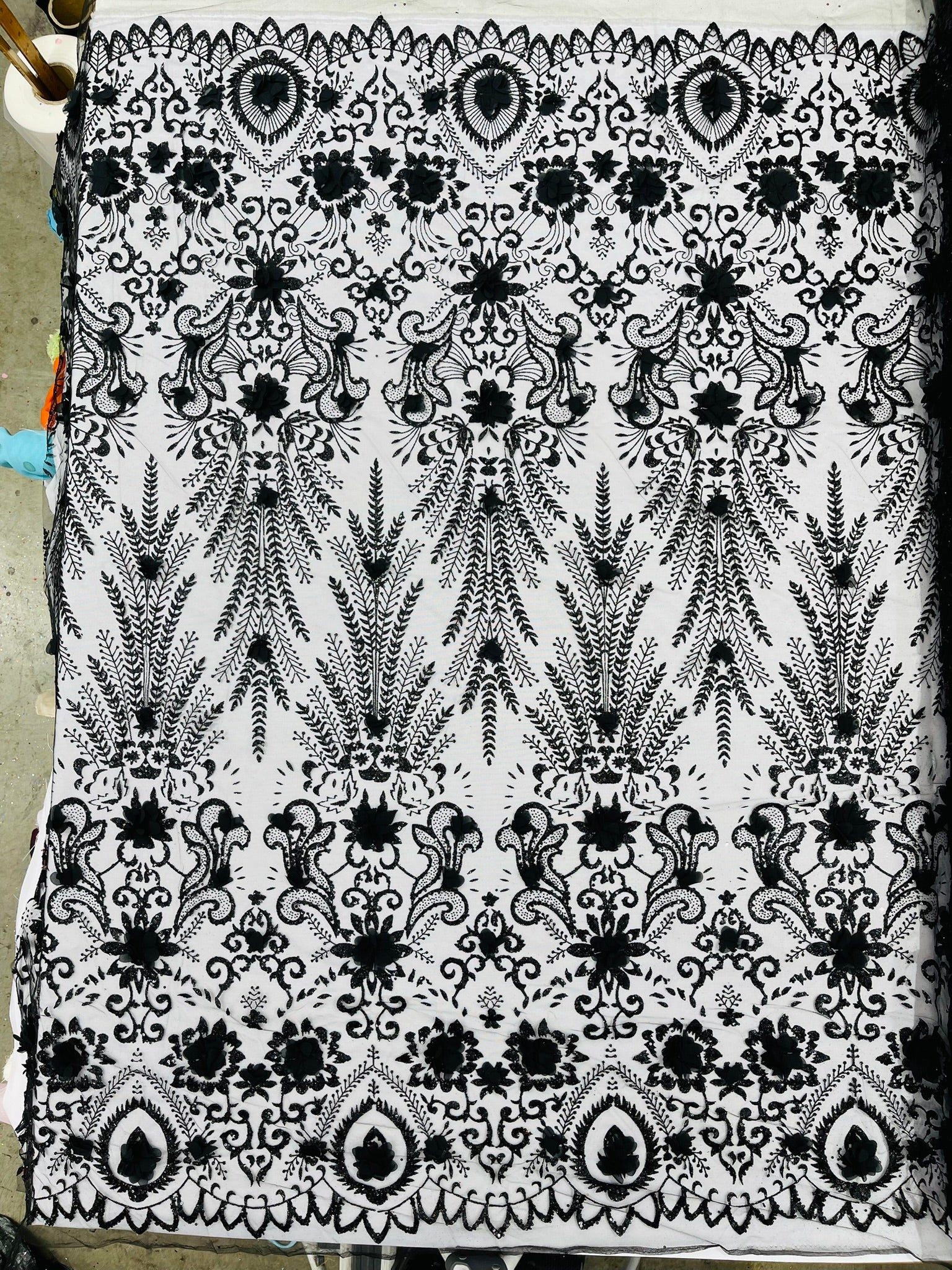 Floral 3D Palm Damask with glitter in a Mesh Lace- Sold by the yard
