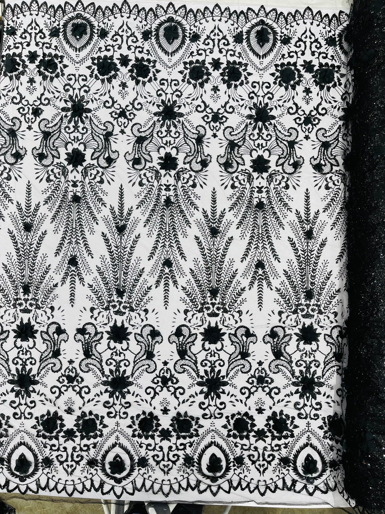 Floral 3D Palm Damask with glitter in a Mesh Lace- Sold by the yard