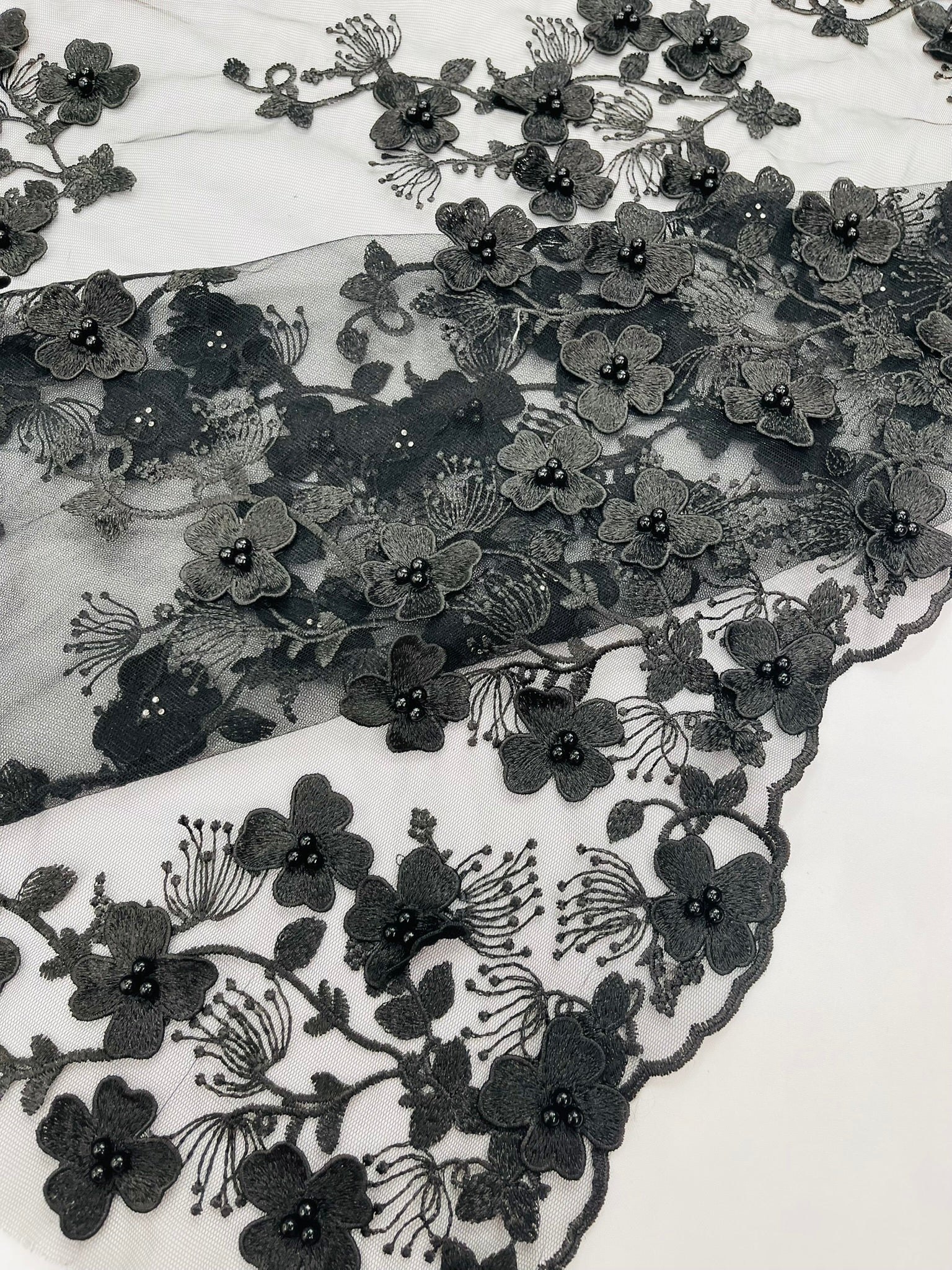 Multi Color 3D Floral design embroider with pearls in a mesh lace fabric -Sold by the yard