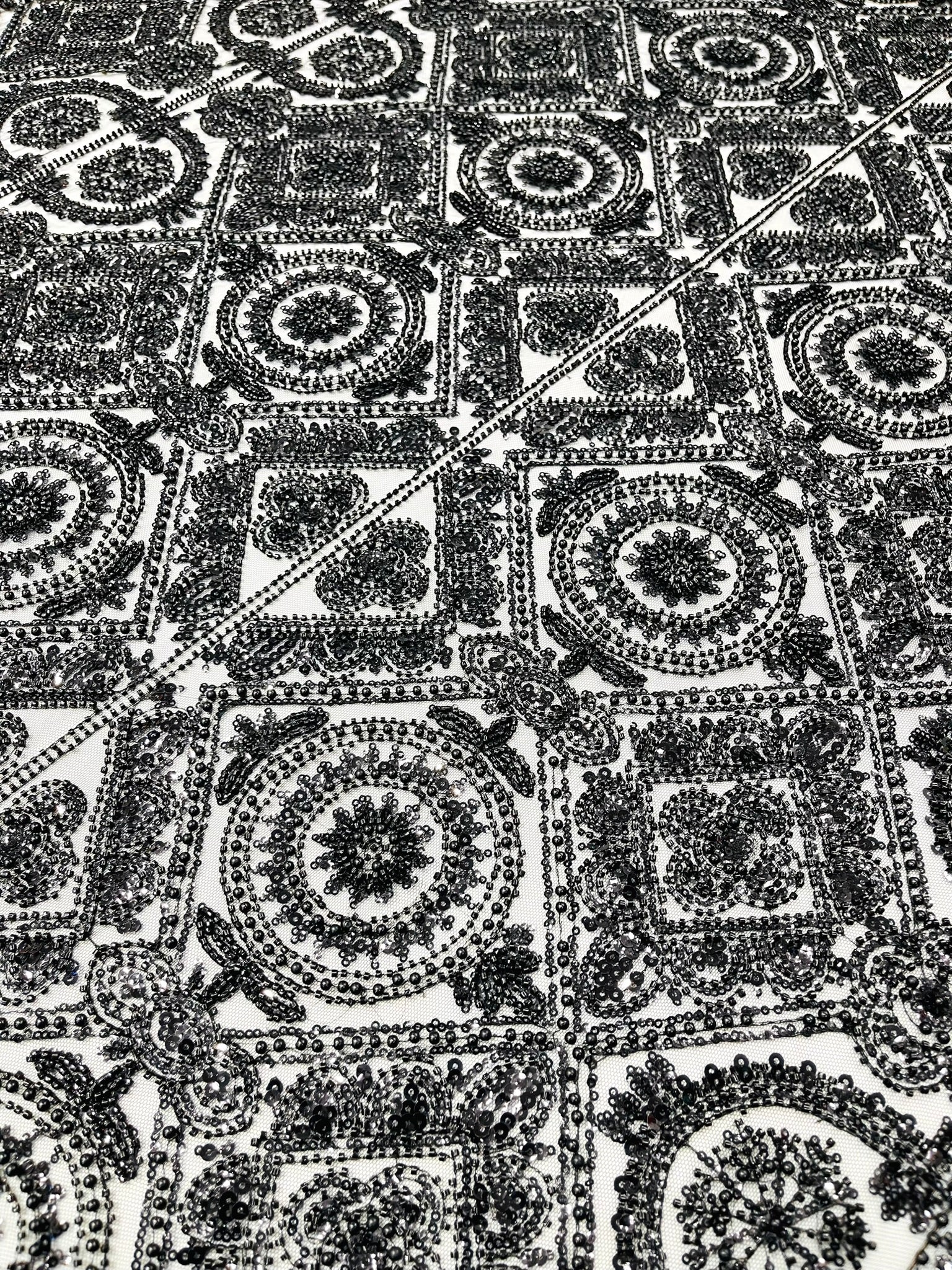 Geometric Beaded Lace Fabric, Heavy Embroidered Design on 58" Mesh for Dresses