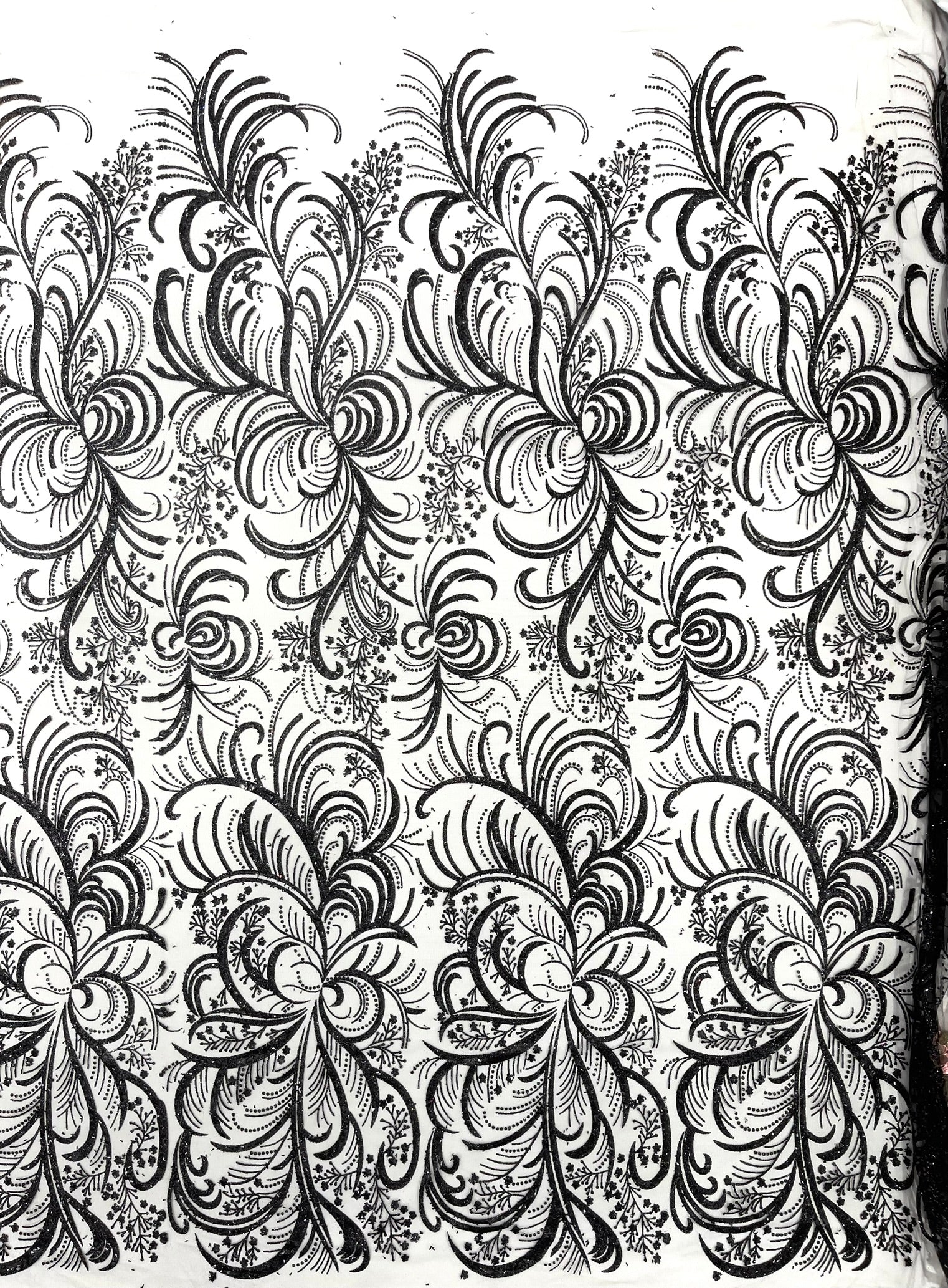 Palm Glitter Vine Design On A Mesh Lace Fabric 58"' Wide Prom.