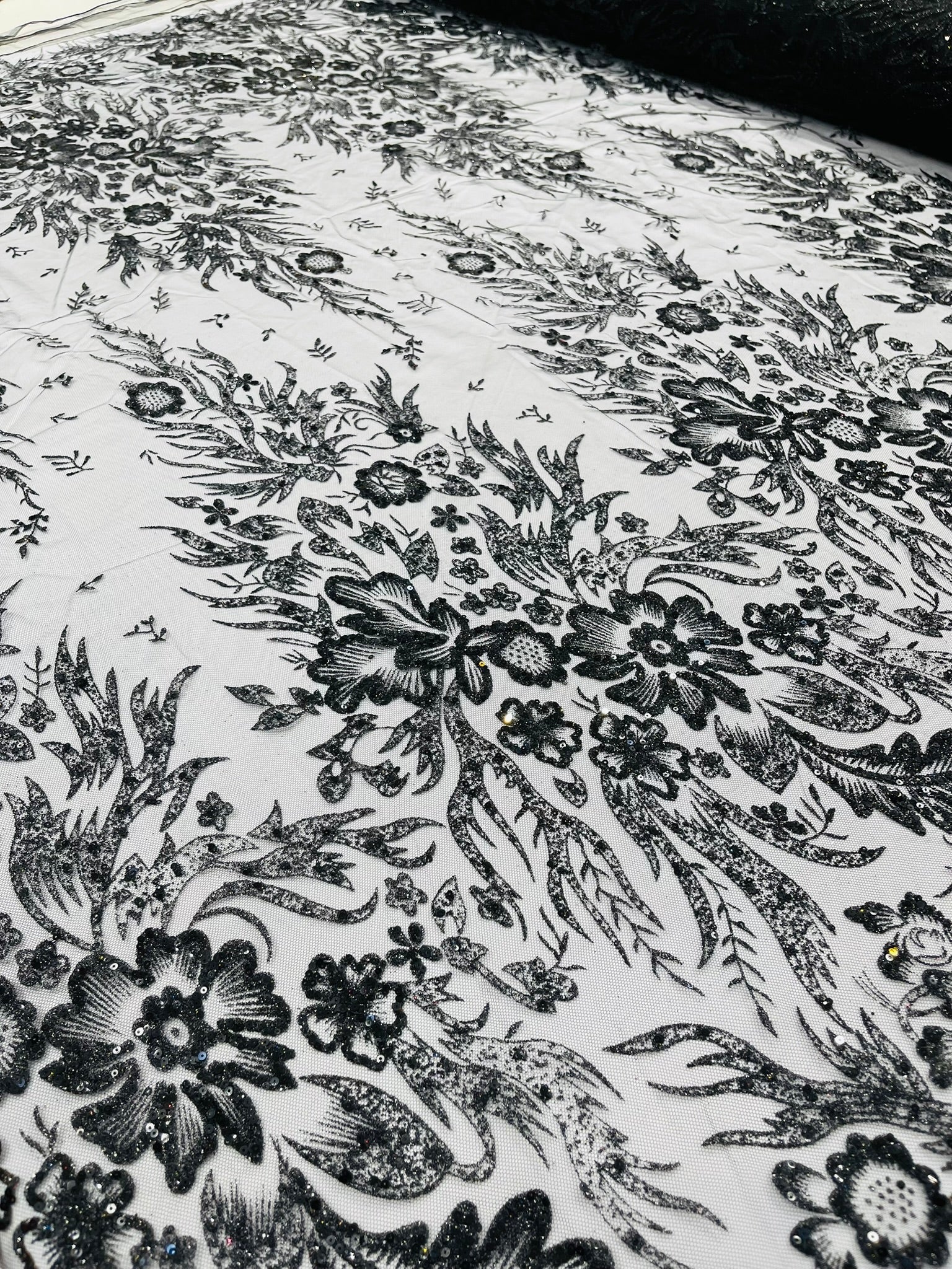 Big Glitter Damask Design On A Mesh Lace Fabric/Prom/Sold By The Yard
