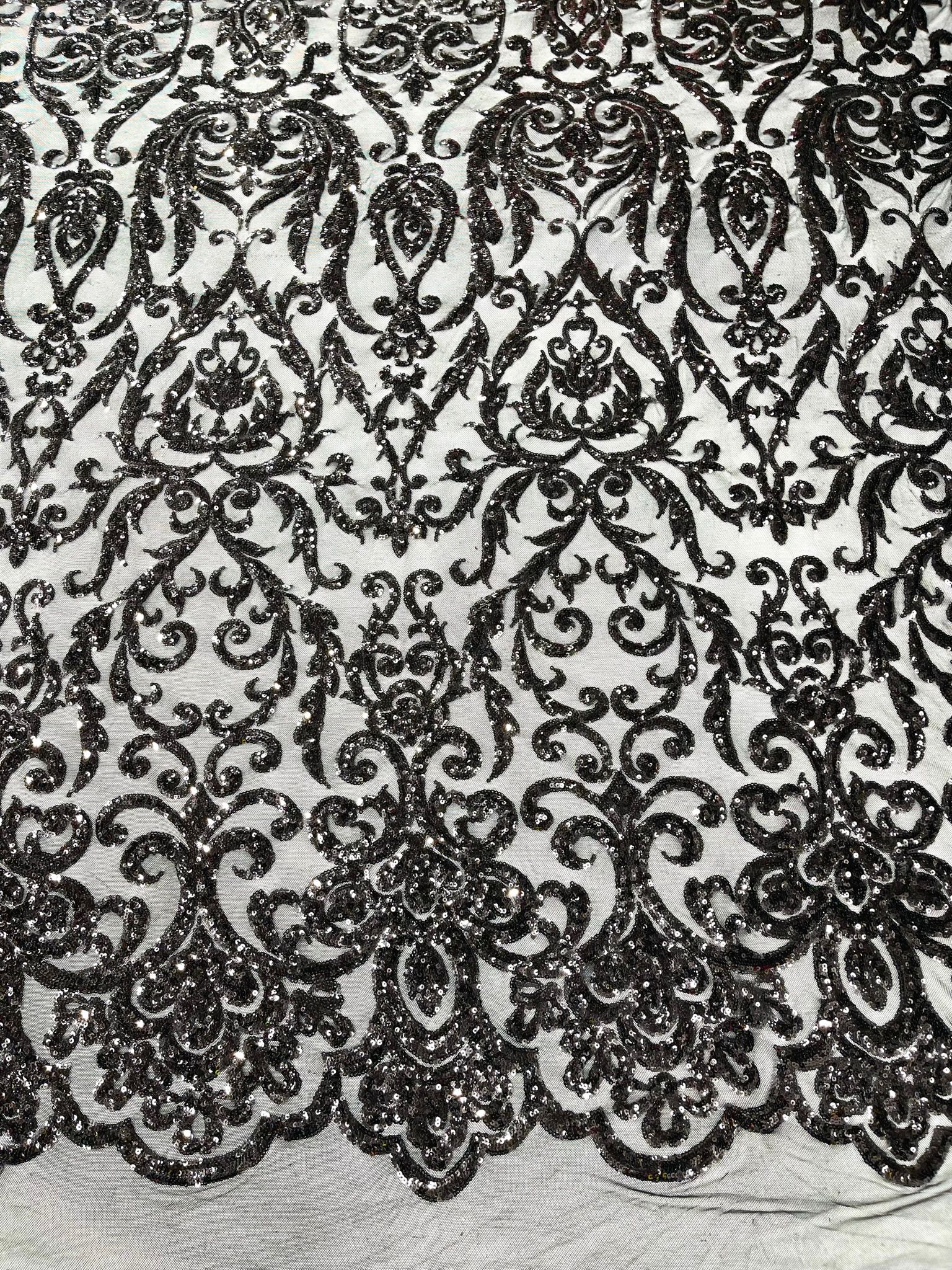 King Damask Design Sequins - 4 Way Stretch Lace Mesh Embroidered Sequins By Yard.