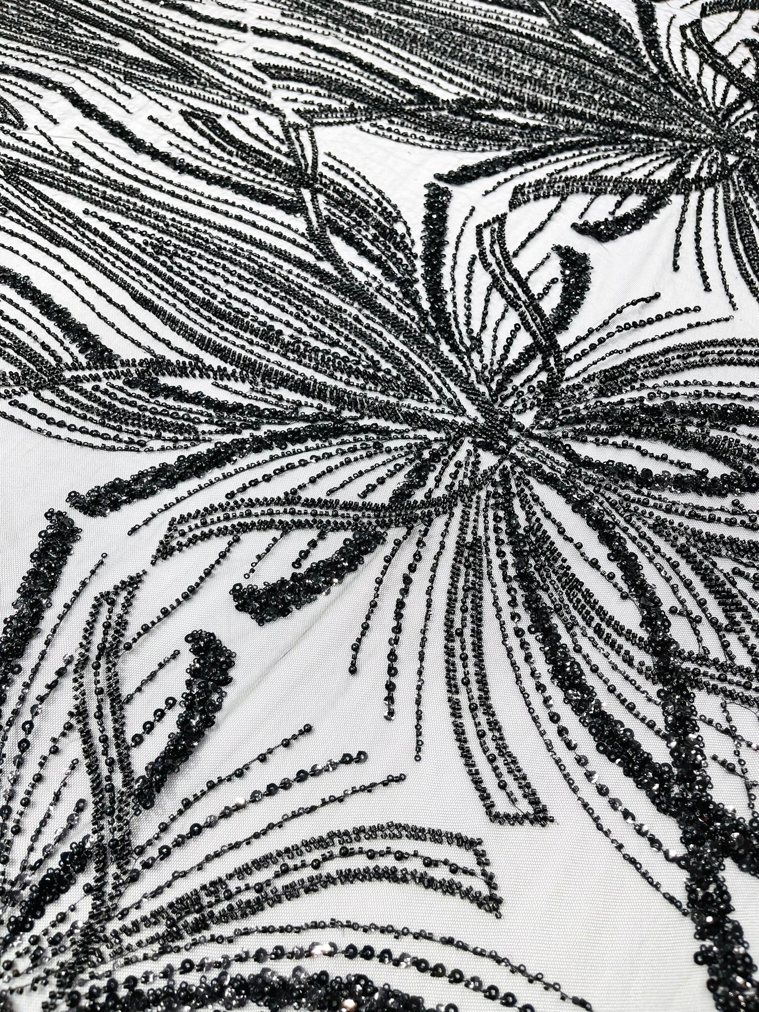 Palm Beaded Lace Fabric, Heavy Embroidered Design on 58" Mesh for Dresses