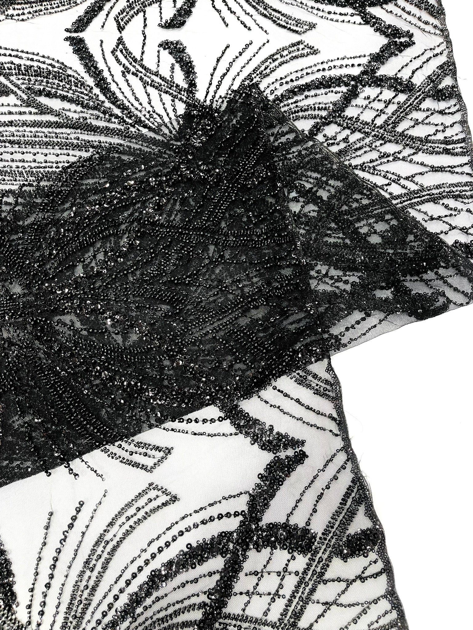 Palm Beaded Lace Fabric, Heavy Embroidered Design on 58" Mesh for Dresses